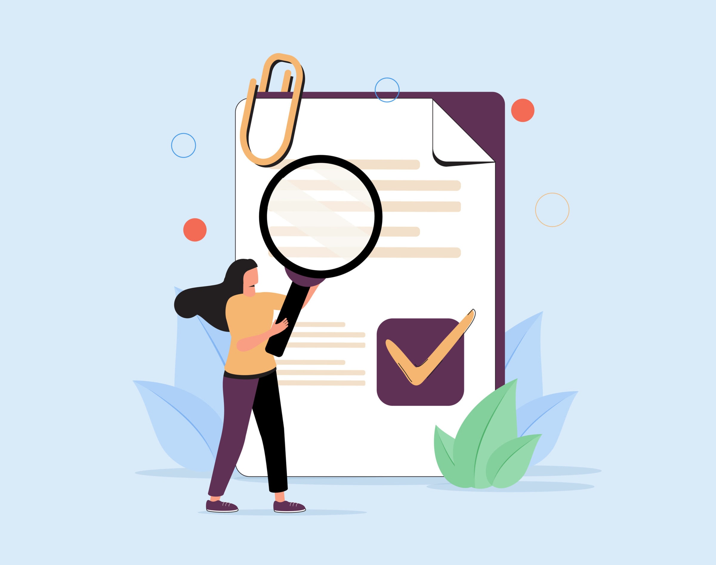 Woan holding magnifying glass and examining document. Concept of business analysis, audit, professional check of documentation, investigation, inspection. Modern flat colorful vector illustration.