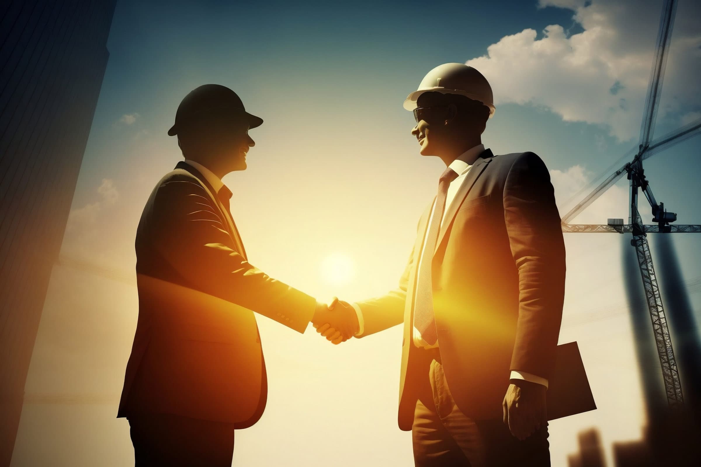 Two businessman shaking hands, construction and architecture - Generative AI
