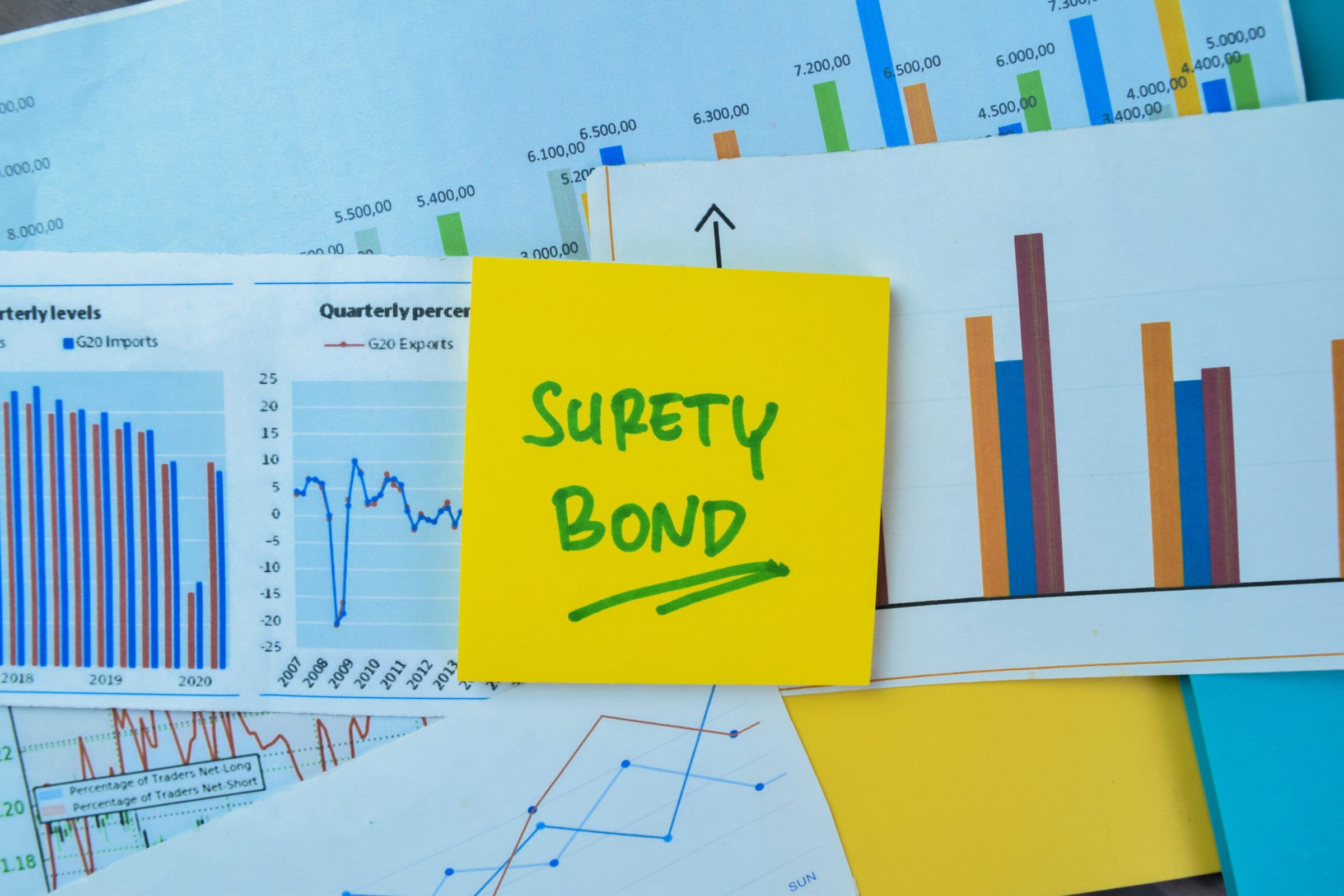 Concept of Surety Bond write on sticky notes isolated on Wooden Table.