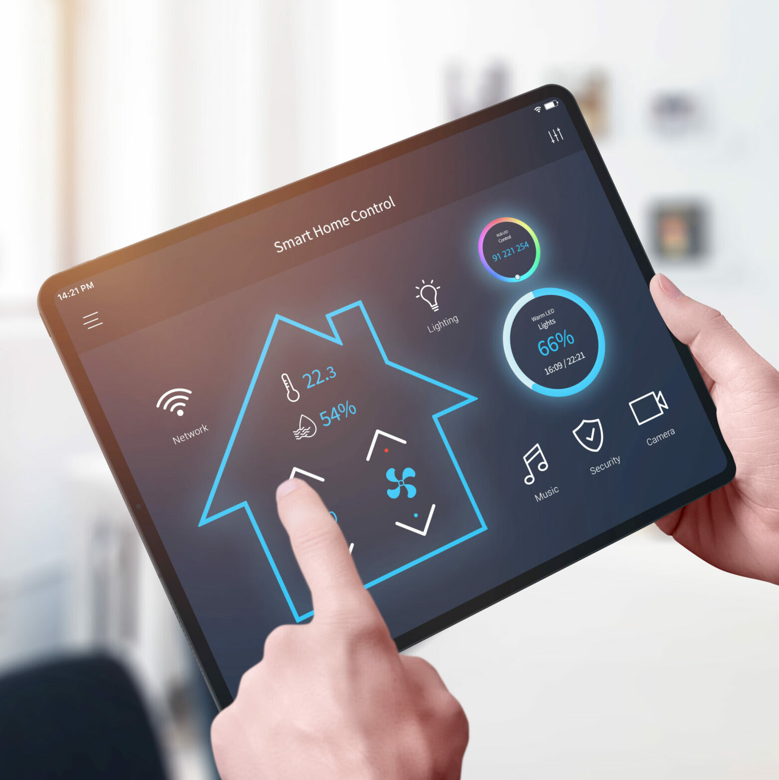 All in one smart home control system app concept on tablet display in man hands