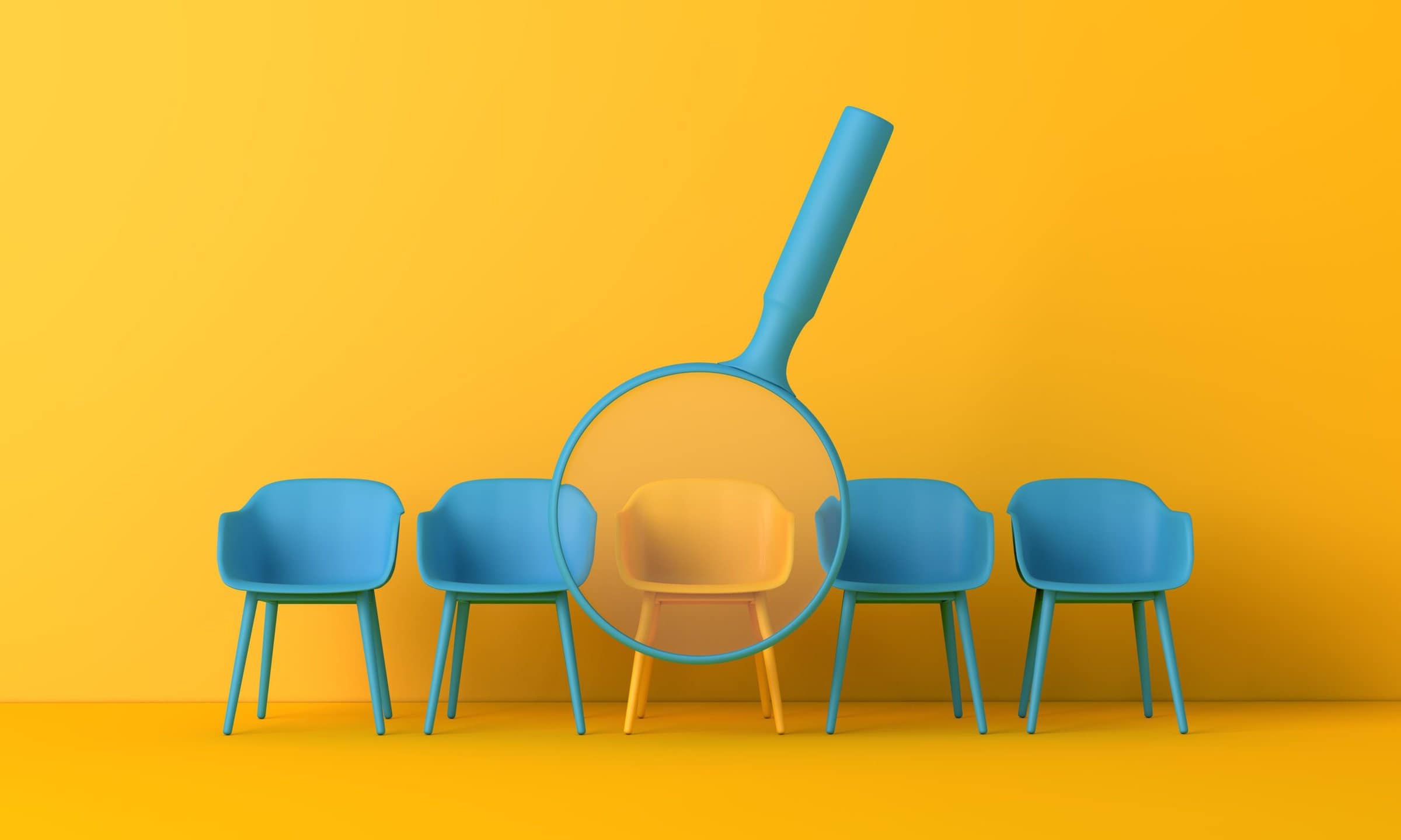 Searching for a new job opportunity. Office chair with magnifying glass. Recruitment concept. 3D Render.