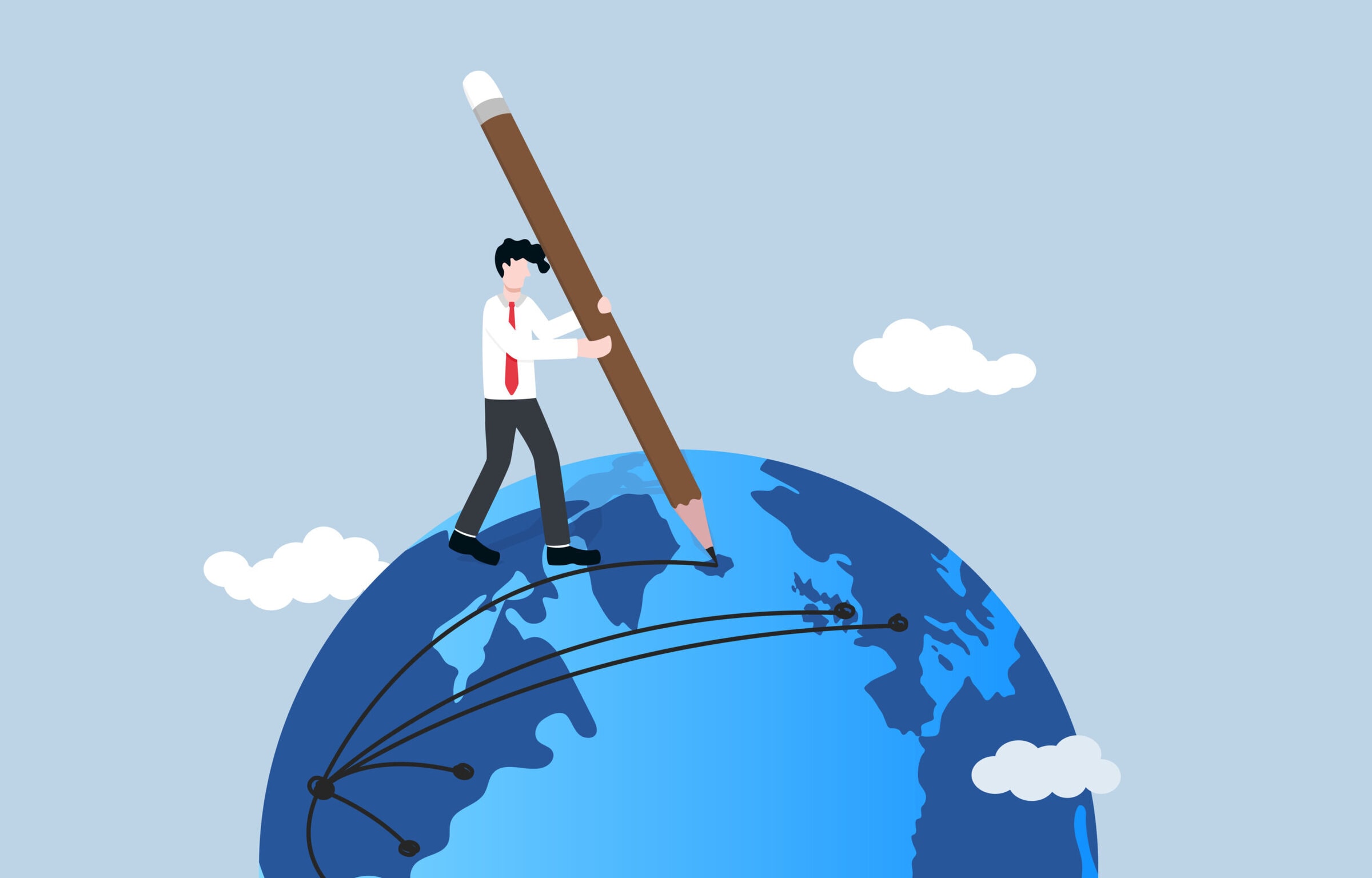 Global business expansion, extending a business into new international markets, company branches or franchise concept in oversea concept, Businessman drawing lines across world map on globe.