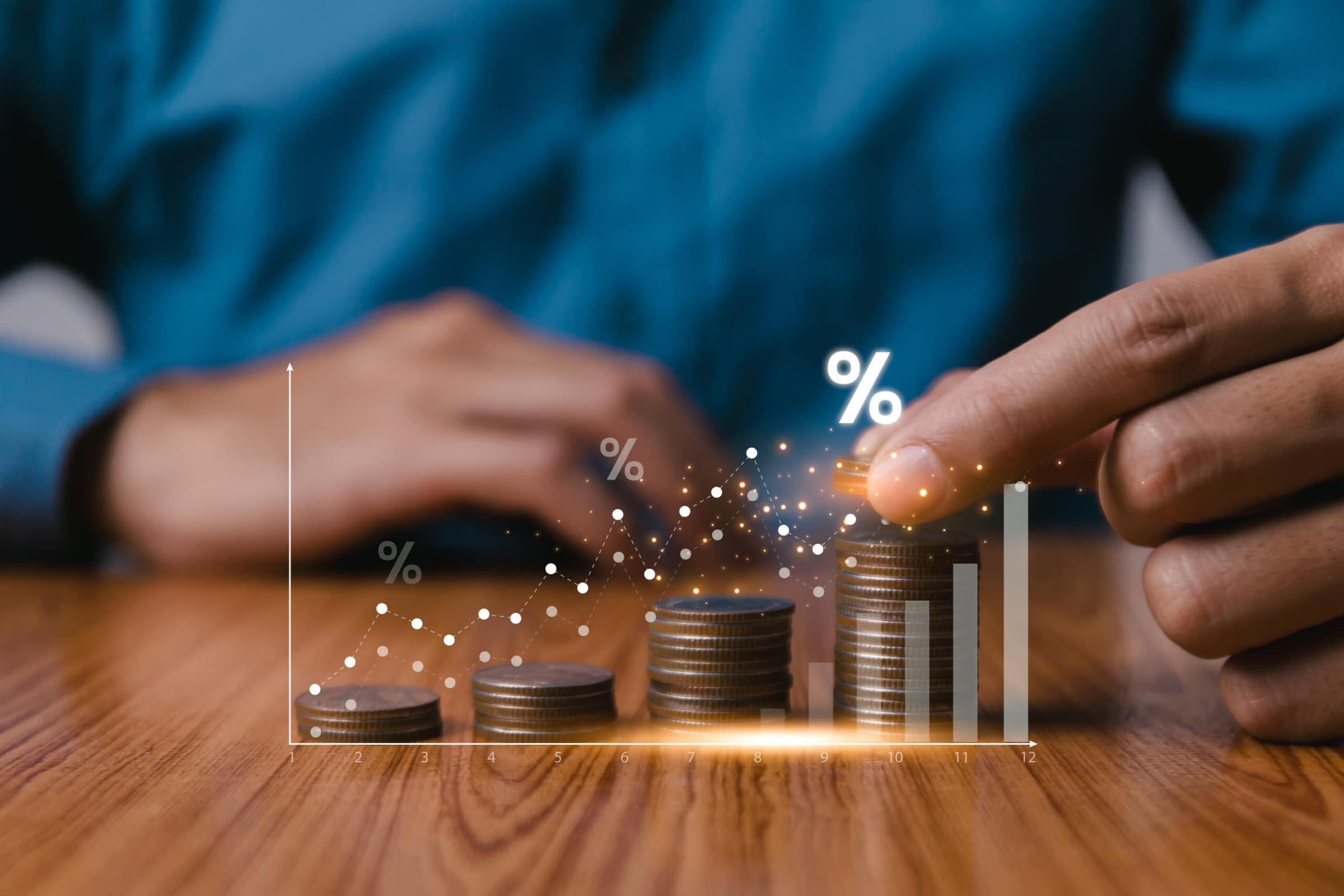 Interest rate and high return concept, business growth increase interest, money, fund, cost and capital, return on stocks and mutual funds, long term investment for retirement percentage symbol arrow.
