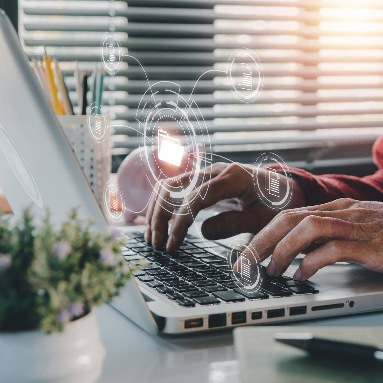 Document management system concept, Businessman working on laptop compter document management system (DMS), Virtual online documentation database and process automation to efficiently manage files.