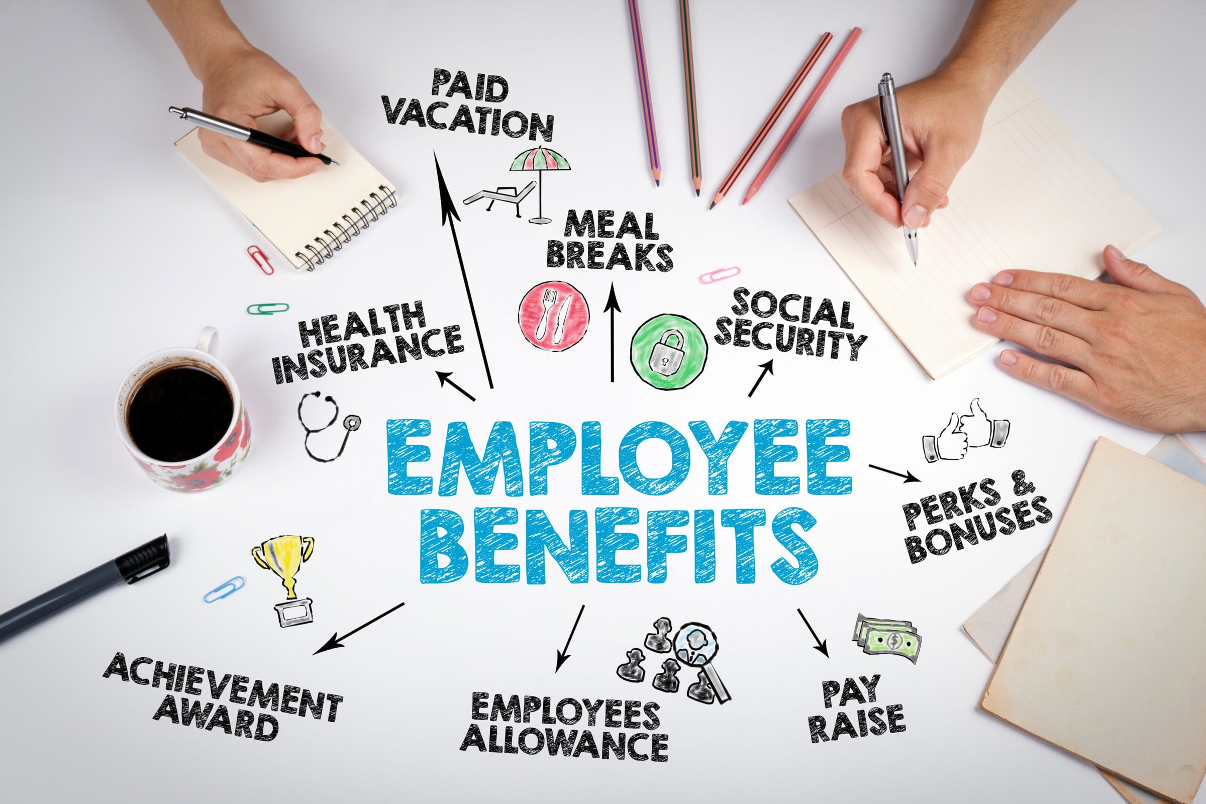 Employee Benefits Concept. The meeting at the white office table.