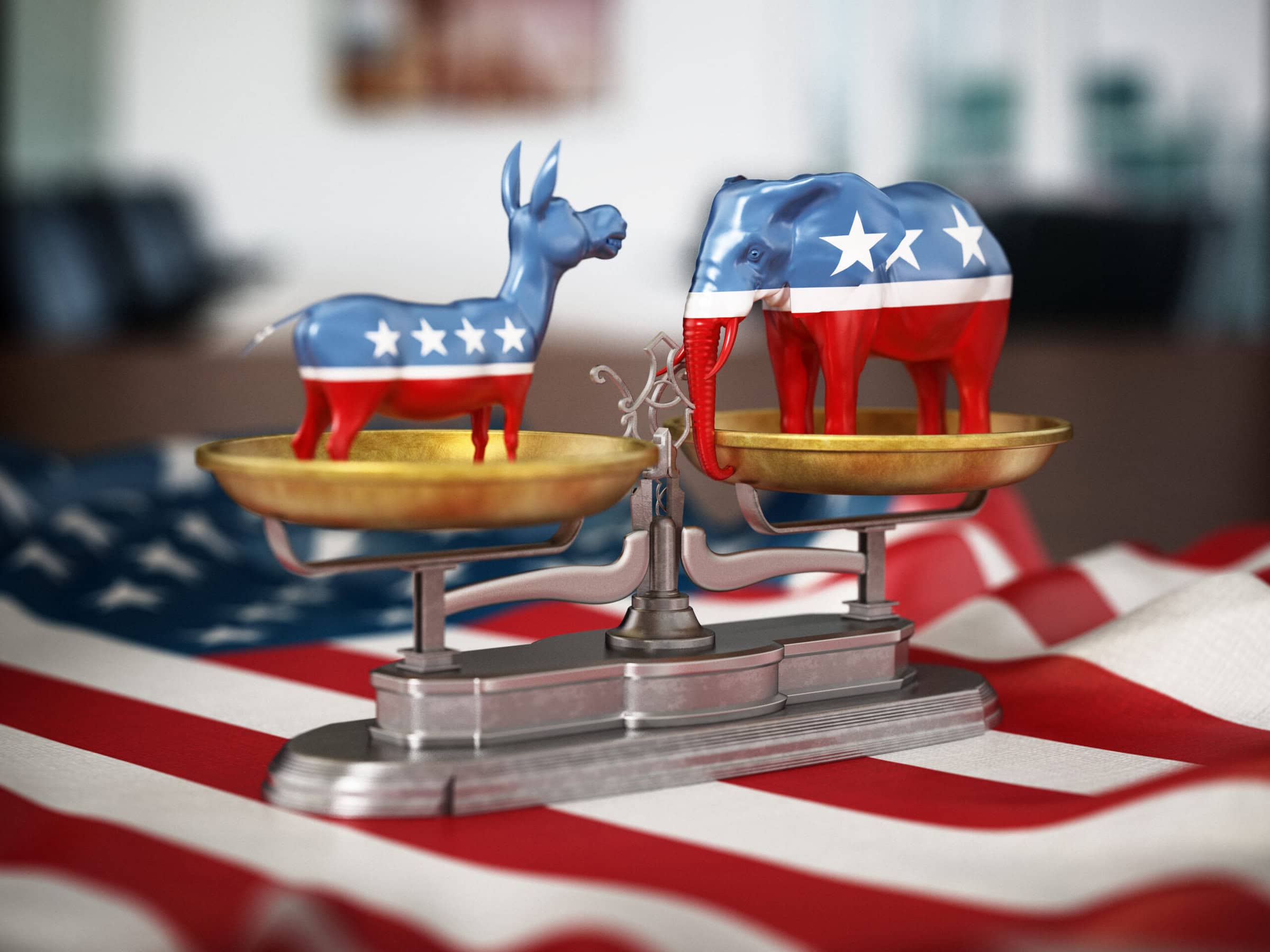 Republican and Democrat party political symbols elephant and donkey on American flag. 3D illustration.