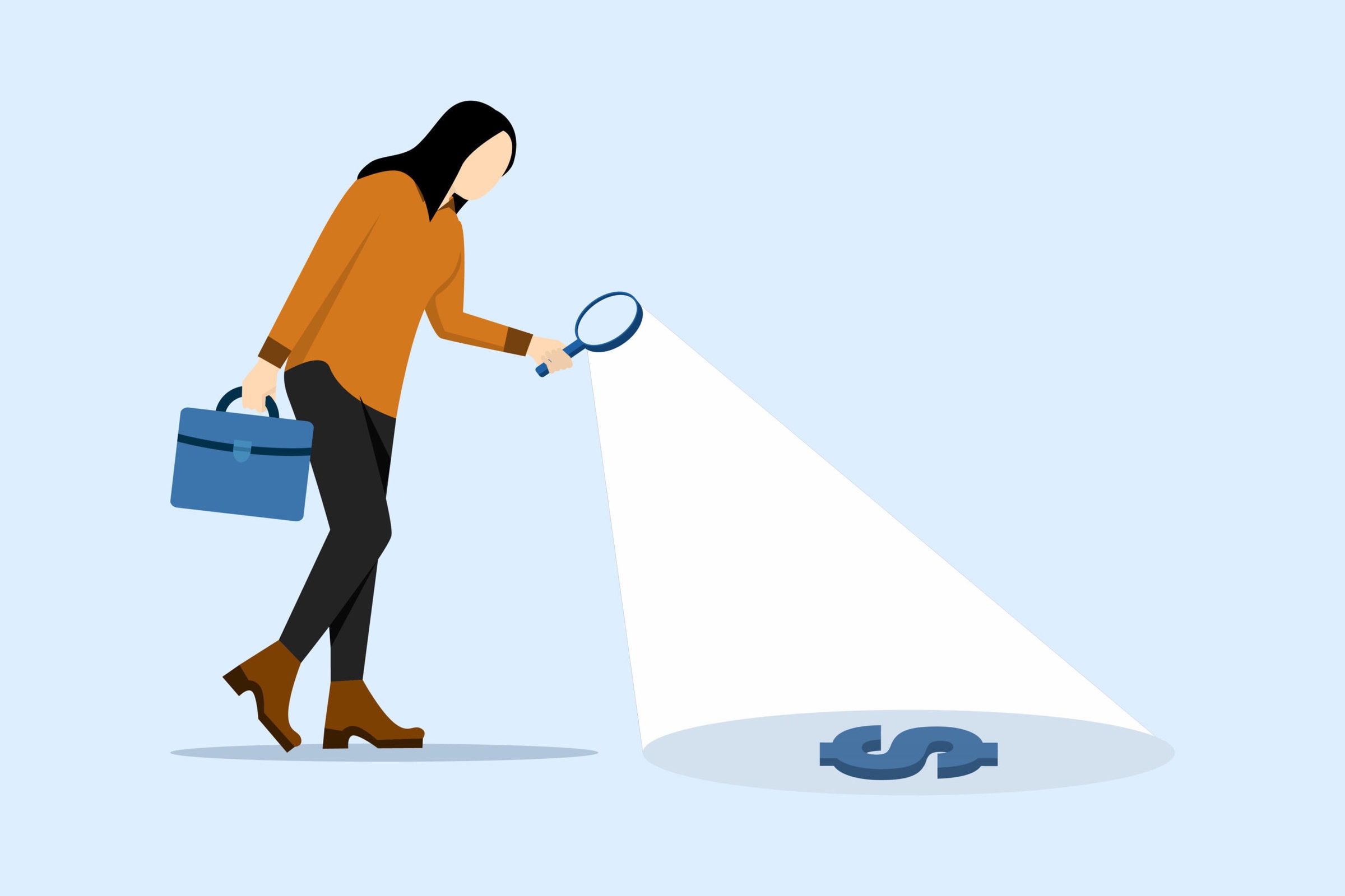 concept of looking for investment opportunities, stock market research or hidden costs and expenses, businesswoman looking through a magnifying glass to see dollar signs looking for money.