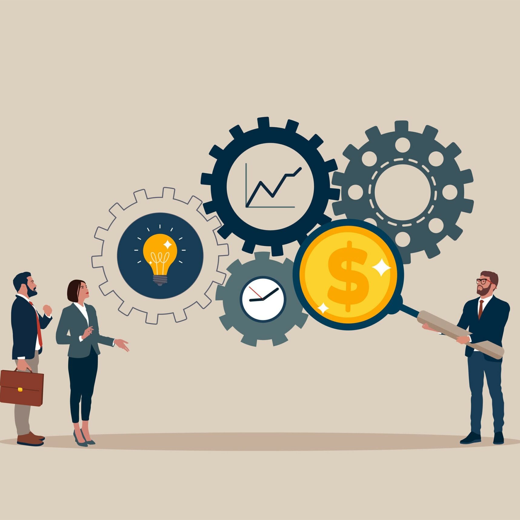 Business team with magnifier dollar money from cog gear production. Optimize cost and expense for better profit strategy. Vector illustration