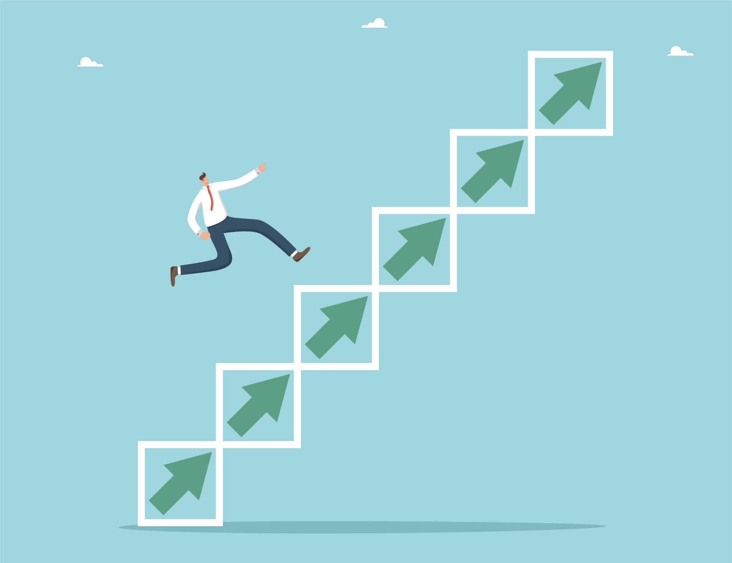 Planning to achieve goals, winning strategy to defeat competitor, methods and ways to move up career ladder, achieving heights through hard work, growth and progress, man running up the planning steps