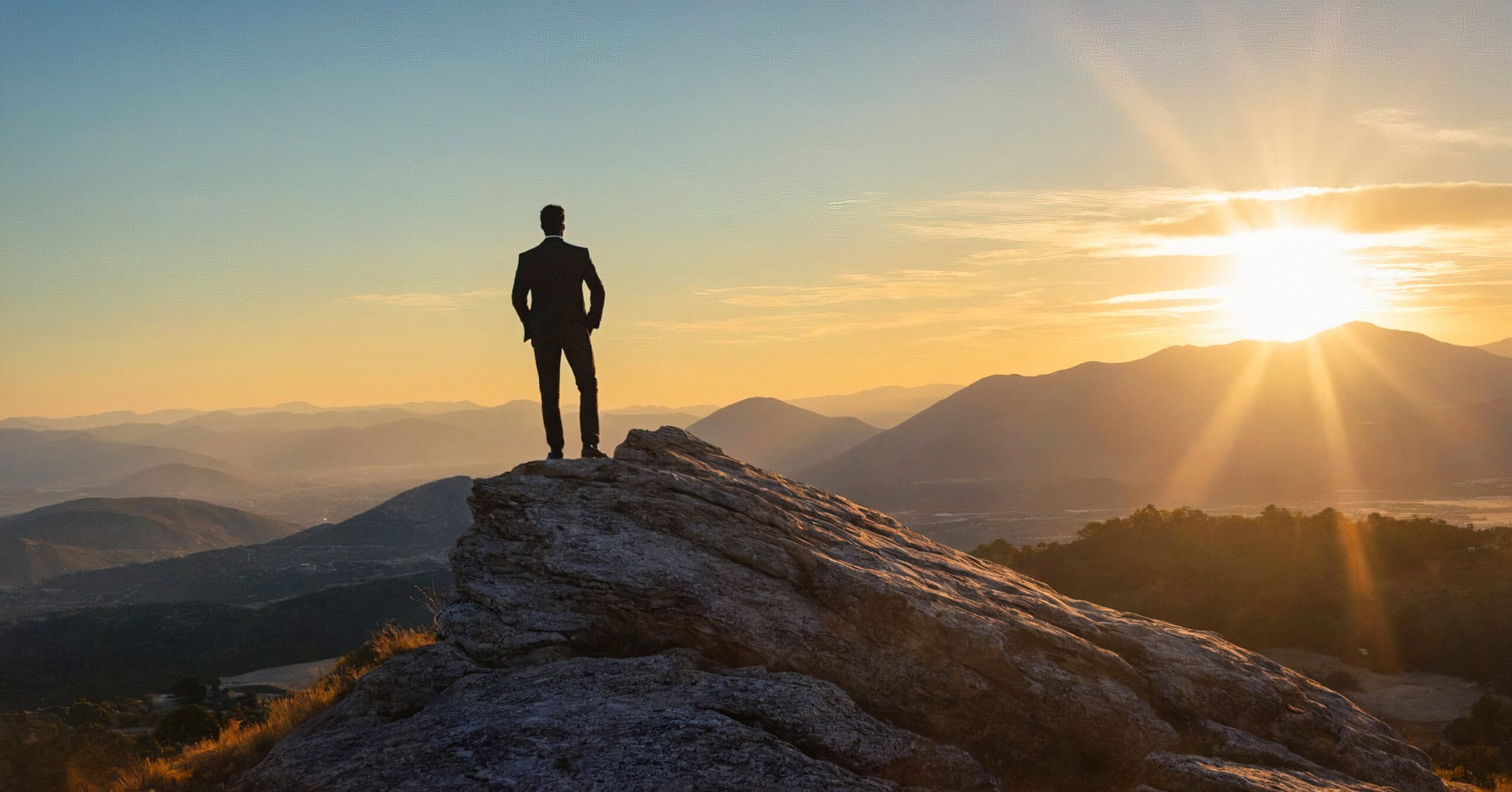 Silhouette of successful businessman standing atop mountain peak with flag, symbolizing achievement and triumph in business.