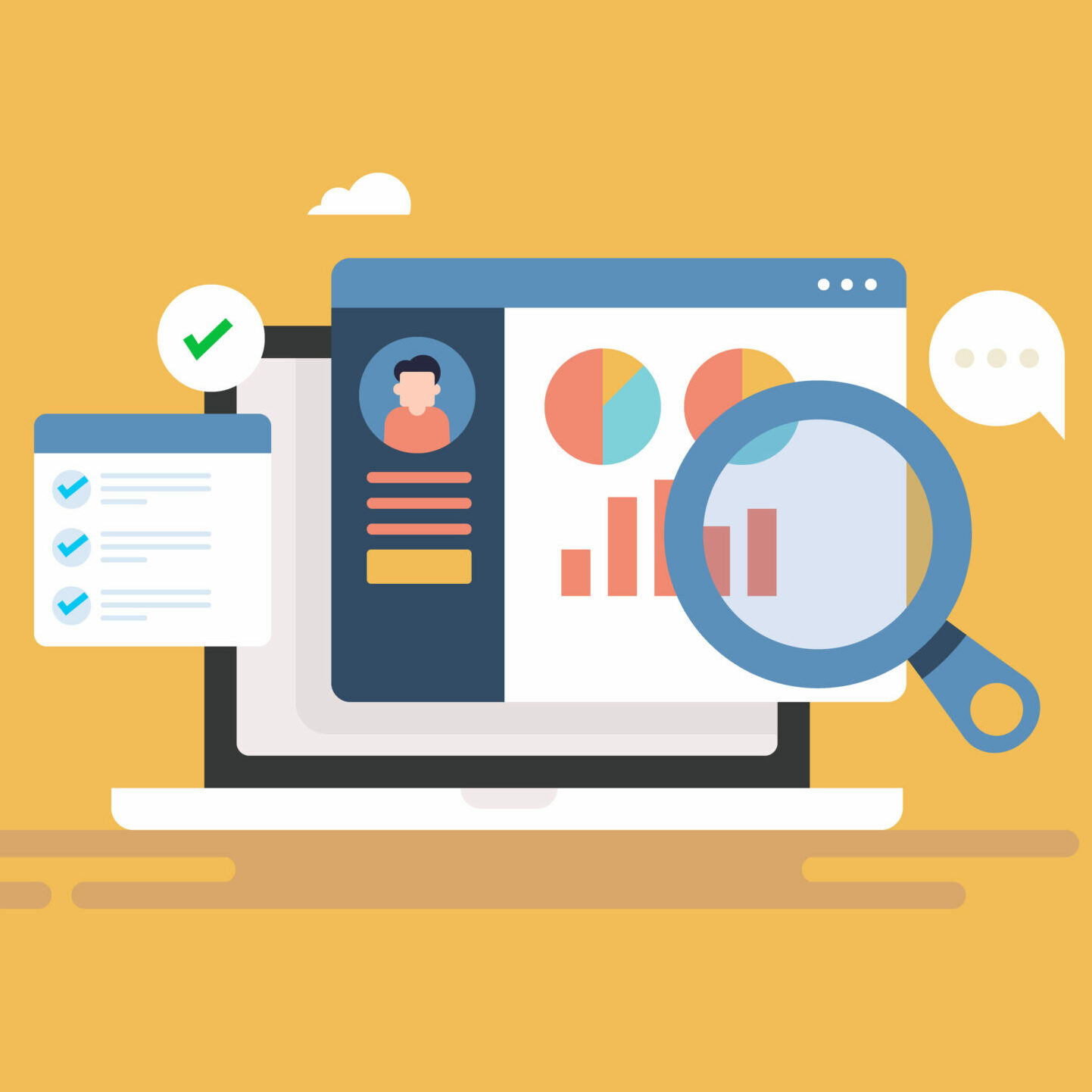 CRM - customer relation management software application, customer data analysis, business communication, company strategy.  CRM vector illustration.