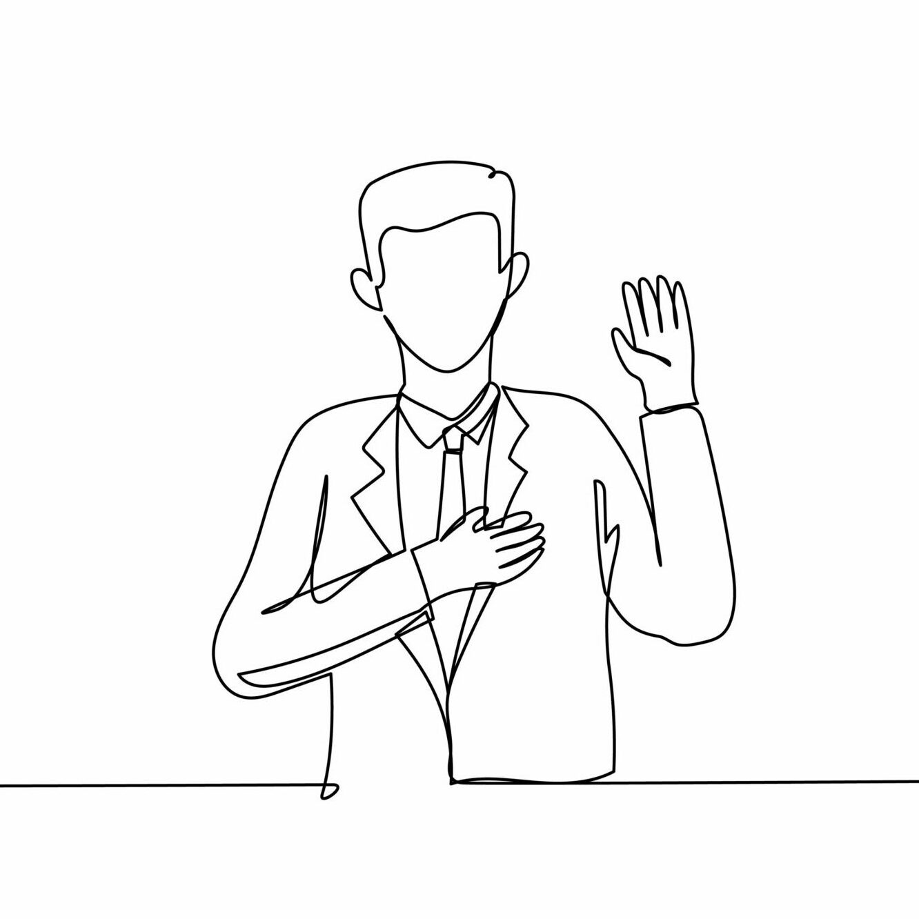 Cartoon of good-looking asian worker making promise, pledge give oath, raise one hand and put palm on hear as being honest and sincere. Single continuous line art style