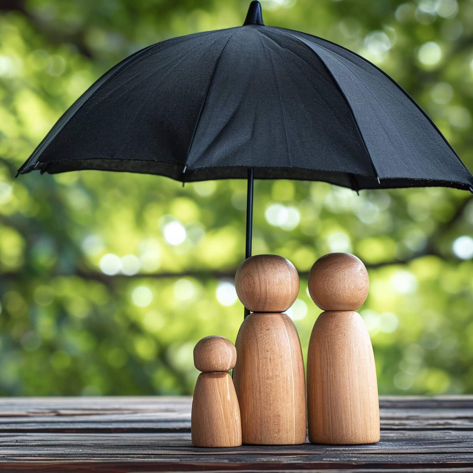 Umbrella and wooden dolls with copy space. Family protection and insurance coverage concept.