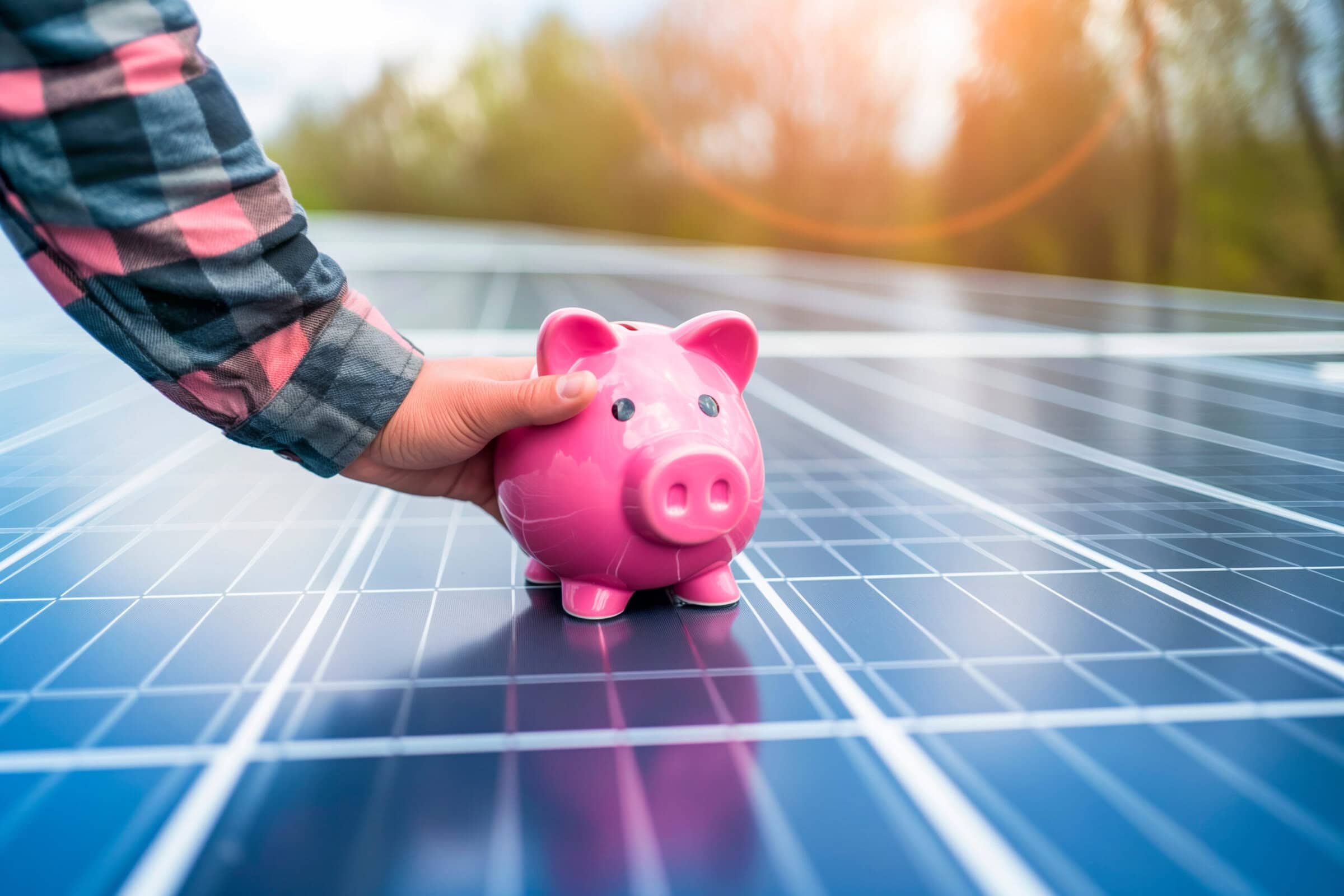 Man hand next to solar panels with a pink piggy bank on them, suggesting savings when using solar panels
