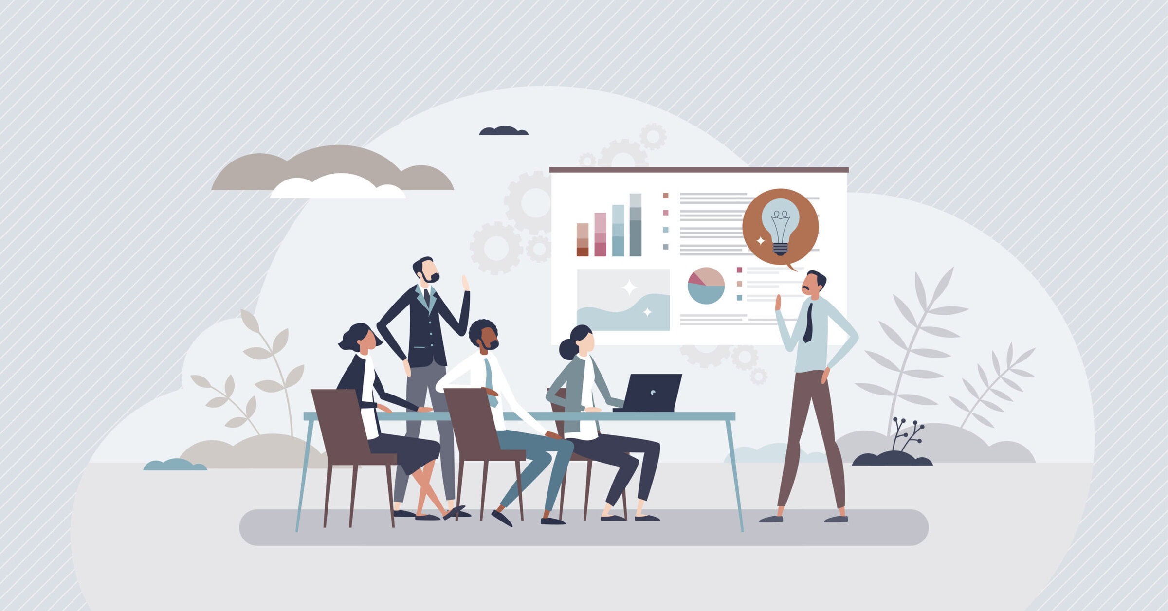 Learning business fundamentals from company expert coach tiny person concept. Market analysis in businessman school with mentor advice and consultation vector illustration. Profit and market teaching.