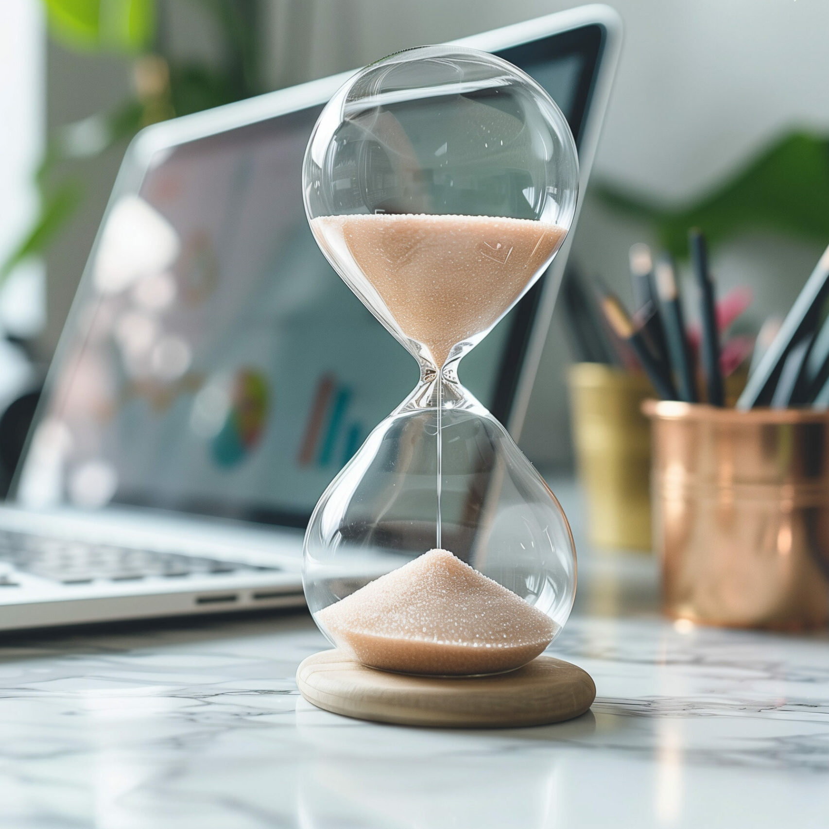 Hourglass on a desk with laptop, time management in workspace
