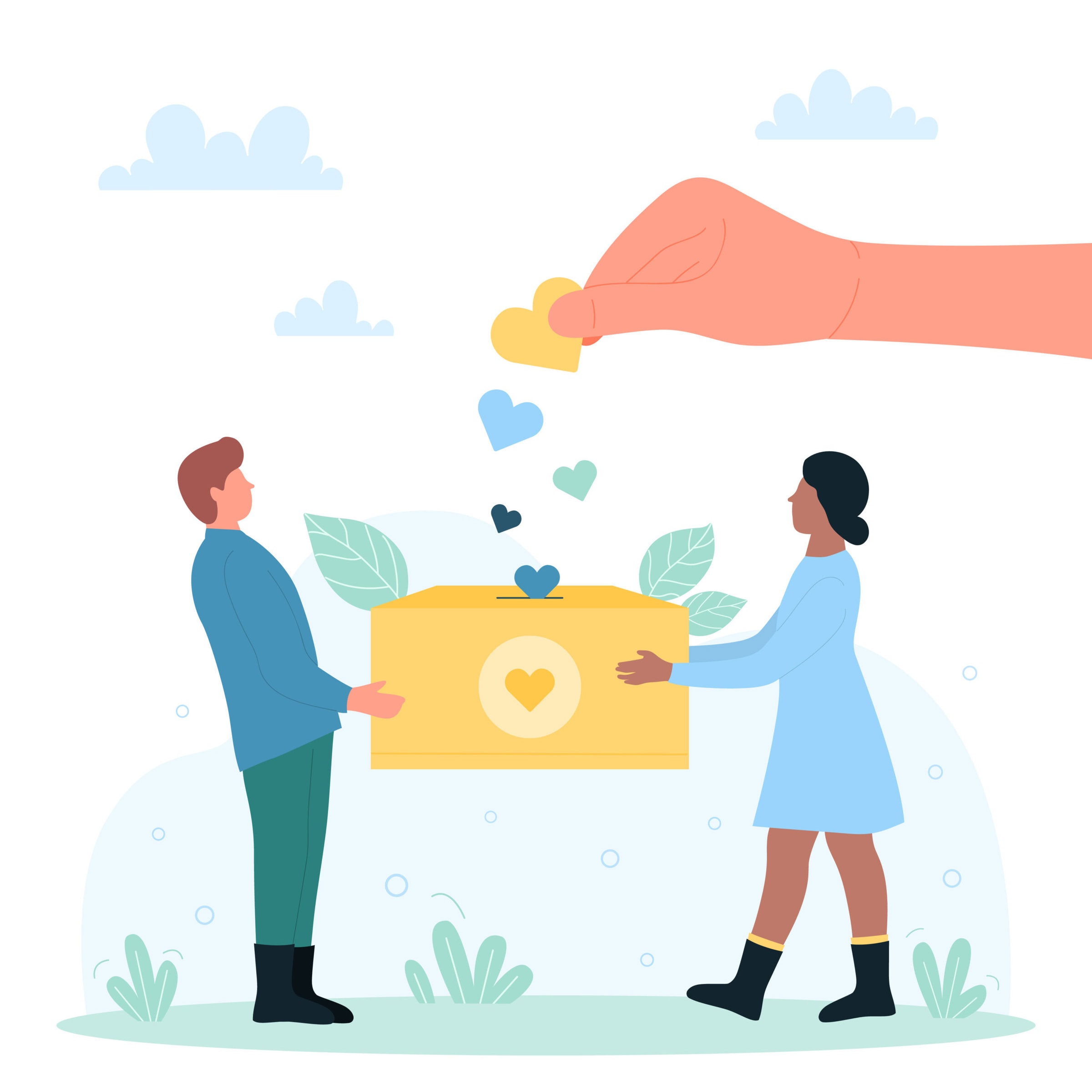 Fundraising for charity, financial help and assistance vector illustration. Cartoon hand of volunteer throwing heart into moneybox, tiny fundraisers holding box for donation of nonprofit fund