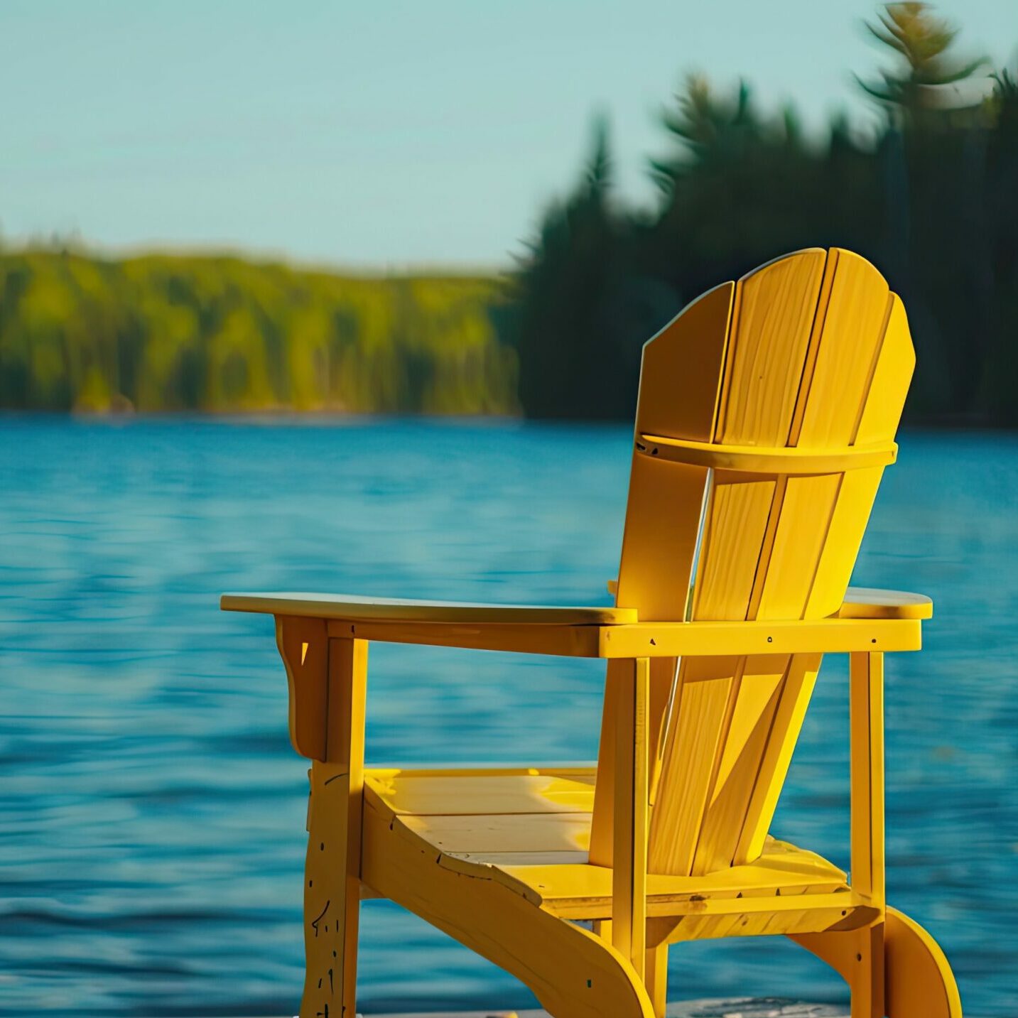 Close-up of a single yellow Adirondack chair by the tranquil Muskoka lake, inviting serenity in the morning, overlooking the blue waters