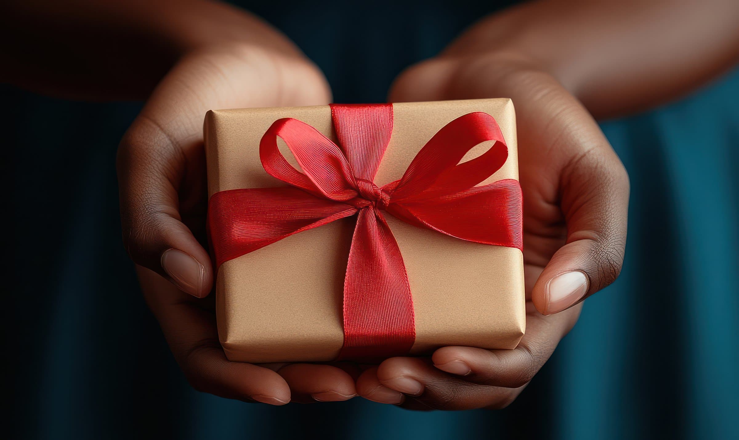 A close-up shot of a person's hands holding a wrapped gift box with a red ribbon.