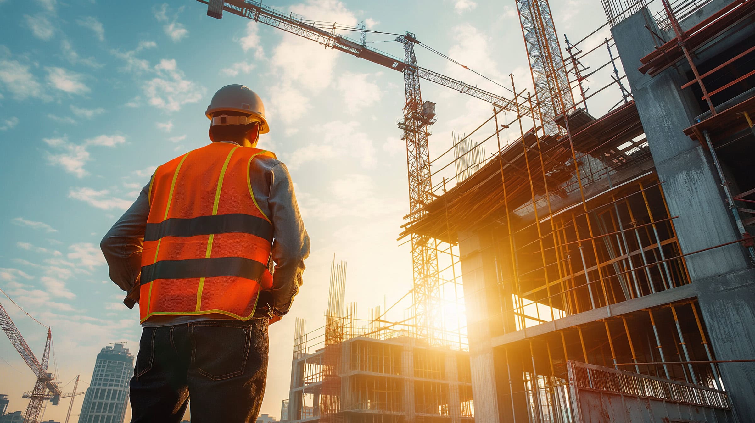 Construction worker in safety vest observing a building site at sunrise.