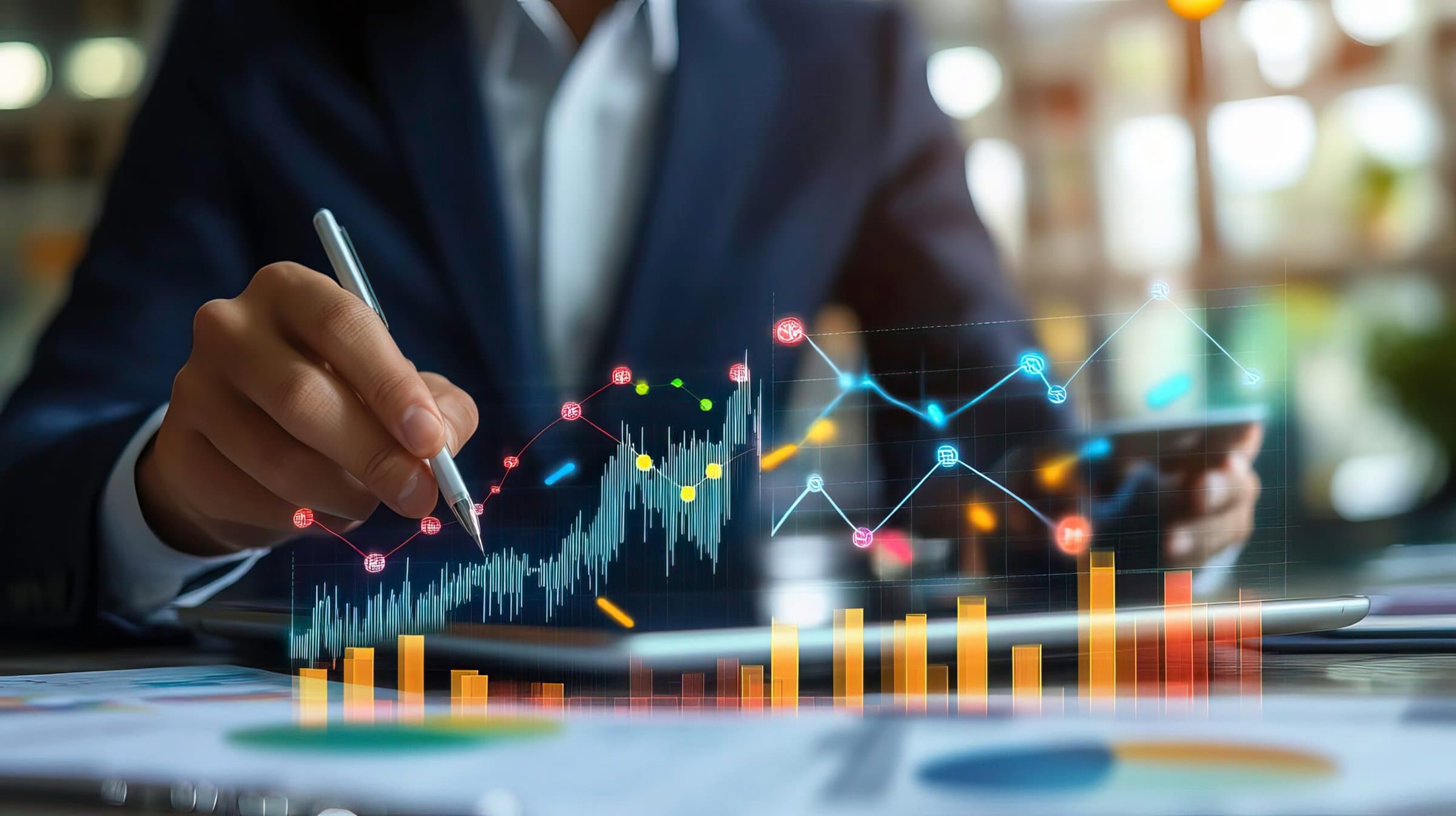 business professional reviewing financial data on a tablet, with digital overlays of graphs and market trends The background includes a modern, bright office