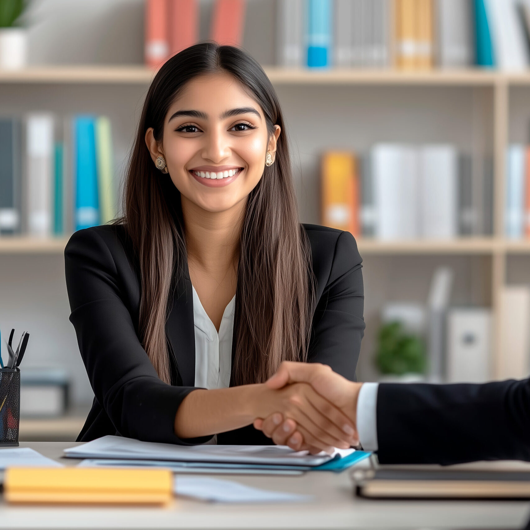 Cheerful Indian student woman talking to male professor in college library, giving handshake to tutor, teacher, thanking for help in study research