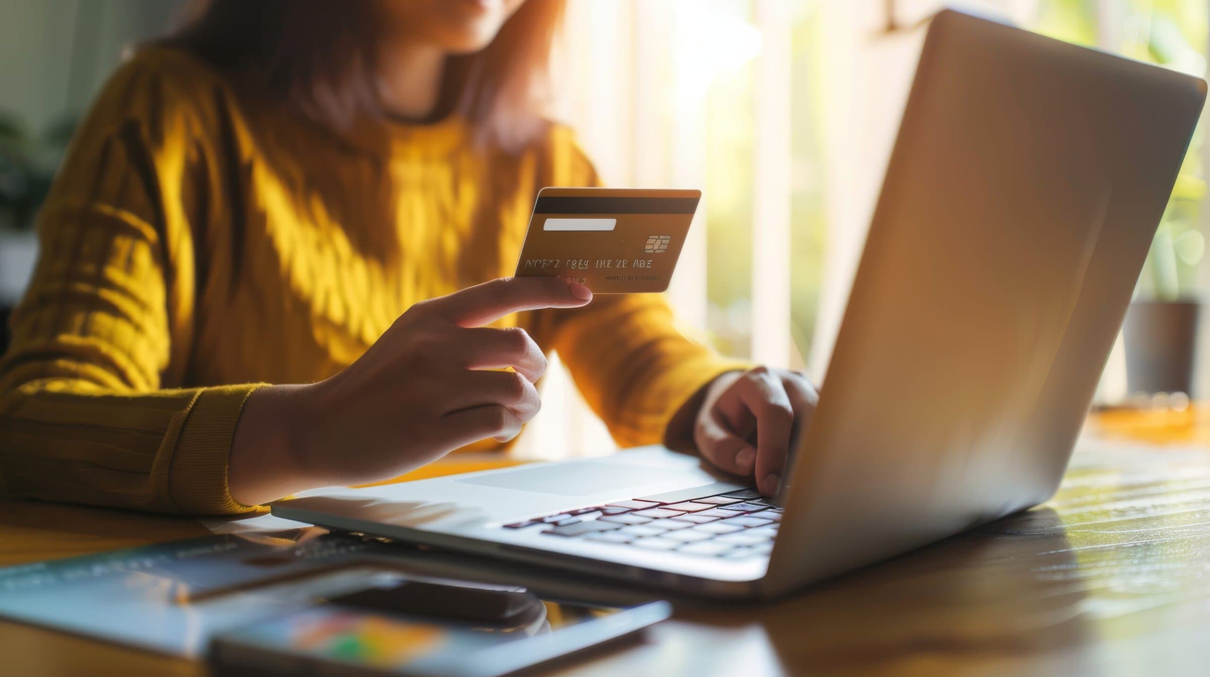 A woman sitting at her desk, holding a credit card, makes an online purchase using her laptop, showcasing her focused and engaged demeanor.