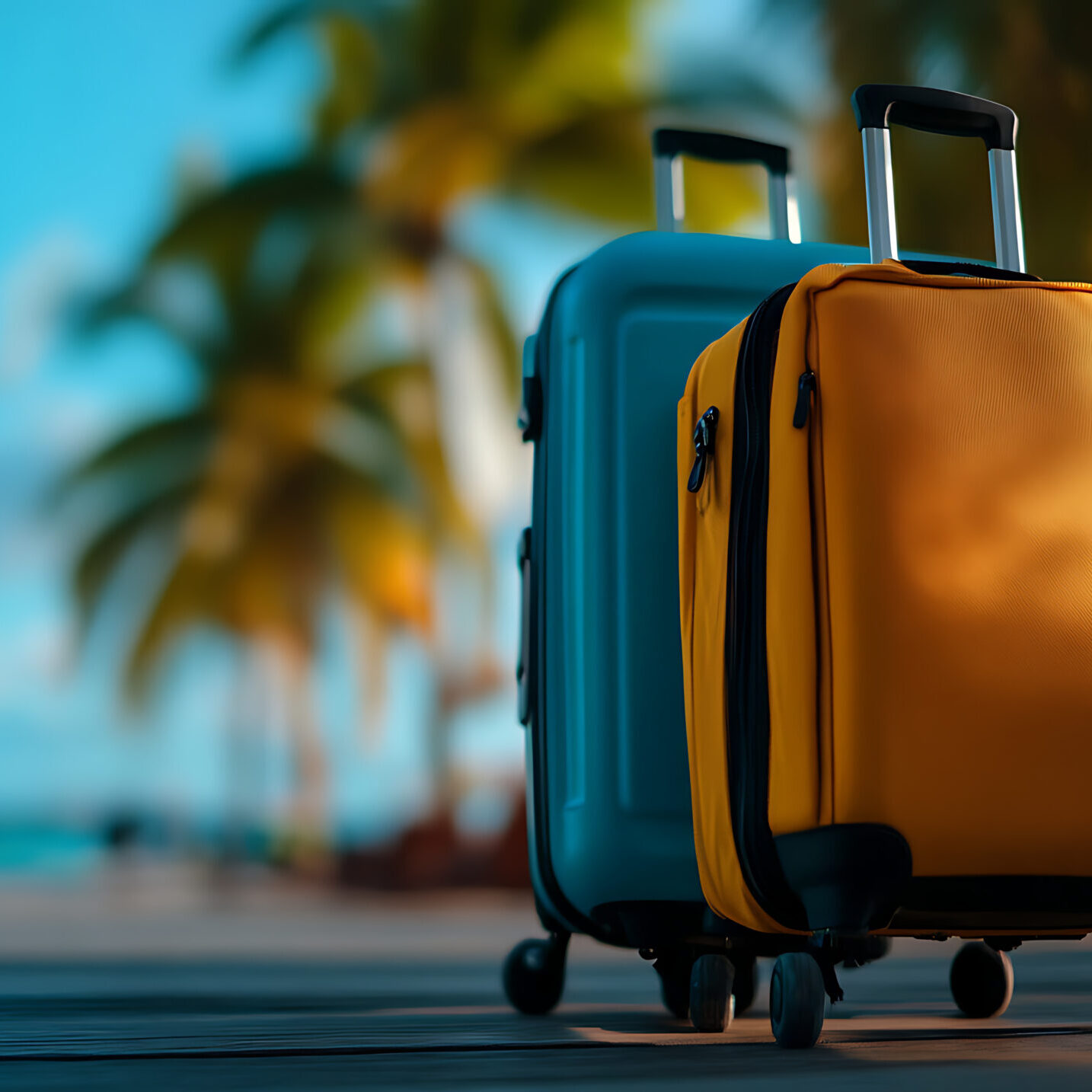 Two suitcases on a tropical beach boardwalk. Palm trees and a blue ocean blur in the background.  AI generated