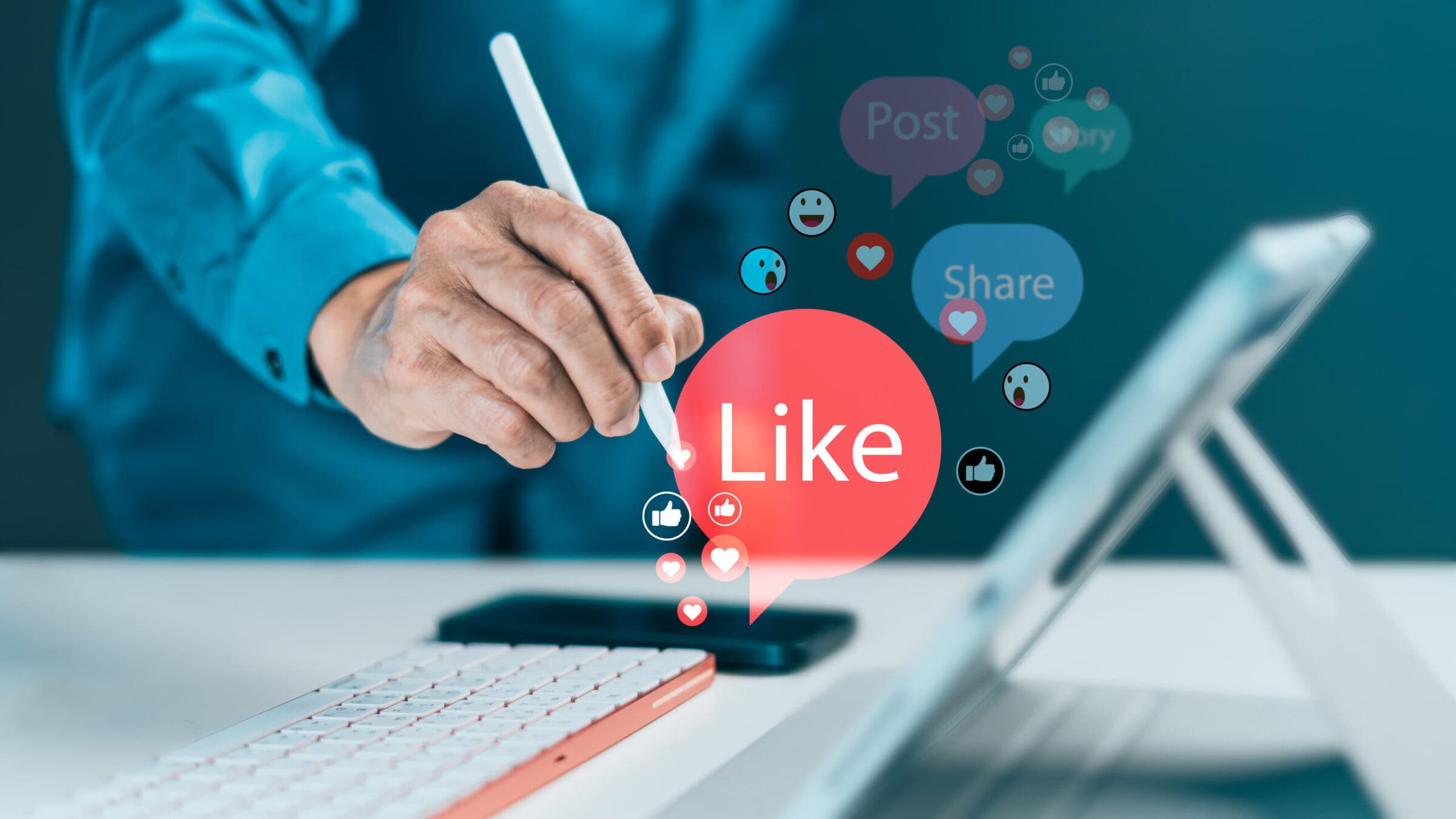 Hand using a stylus with a "Like" icon, surrounded by "Post," "Share," and other social media elements. Online content marketing, influencer strategy and audience feedback on digital platforms