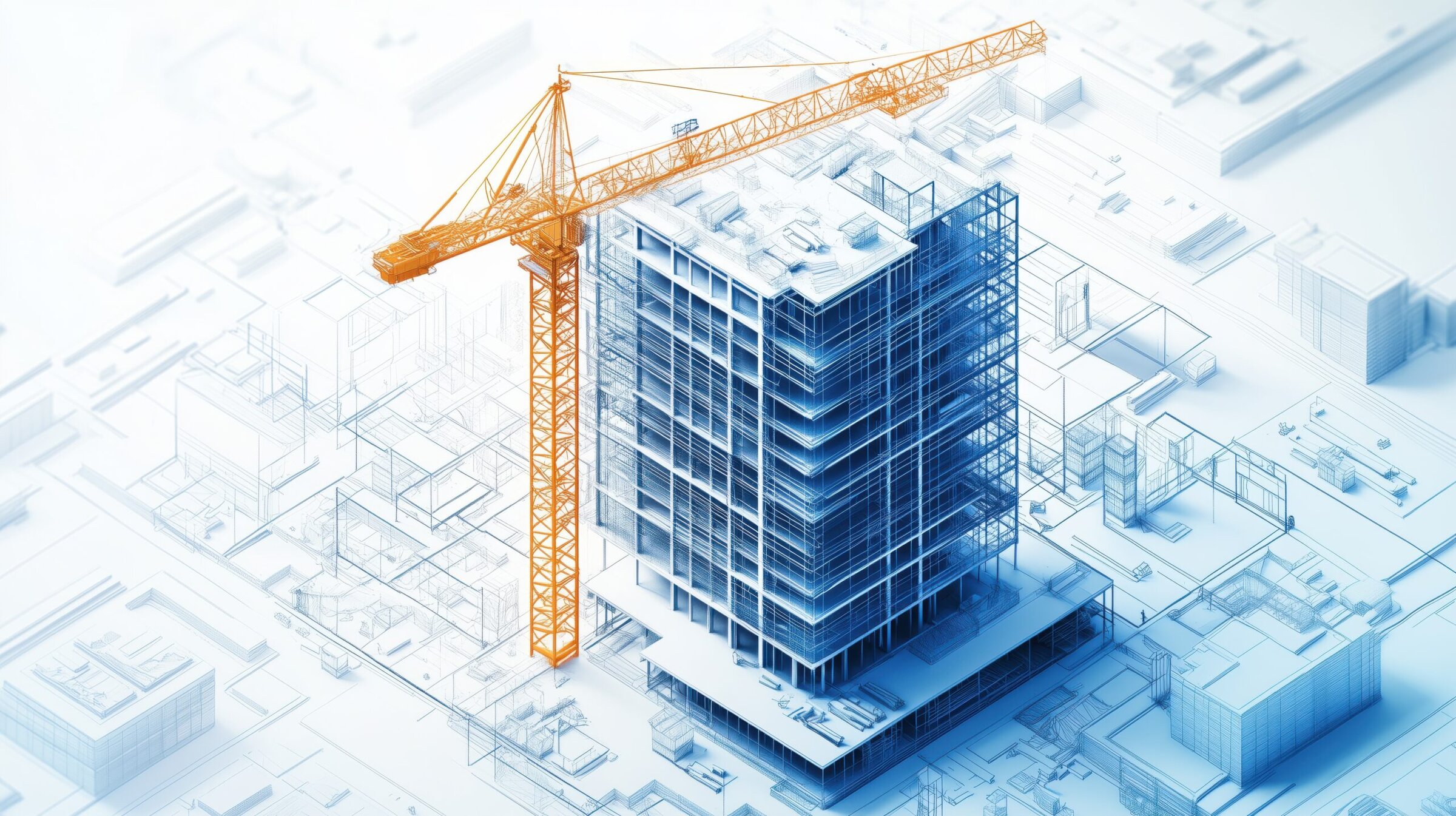 This diagram illustrates the scope of BIM services in construction, featuring a detailed view of a building project with a crane and various architectural elements on a white background.