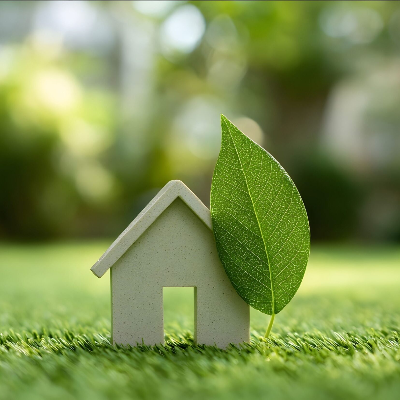Green house model with a leaf on grass on a sunny day for an ecofriendly home concept energy sharing and a zerowaste environmentally sustainable lifestyle back.