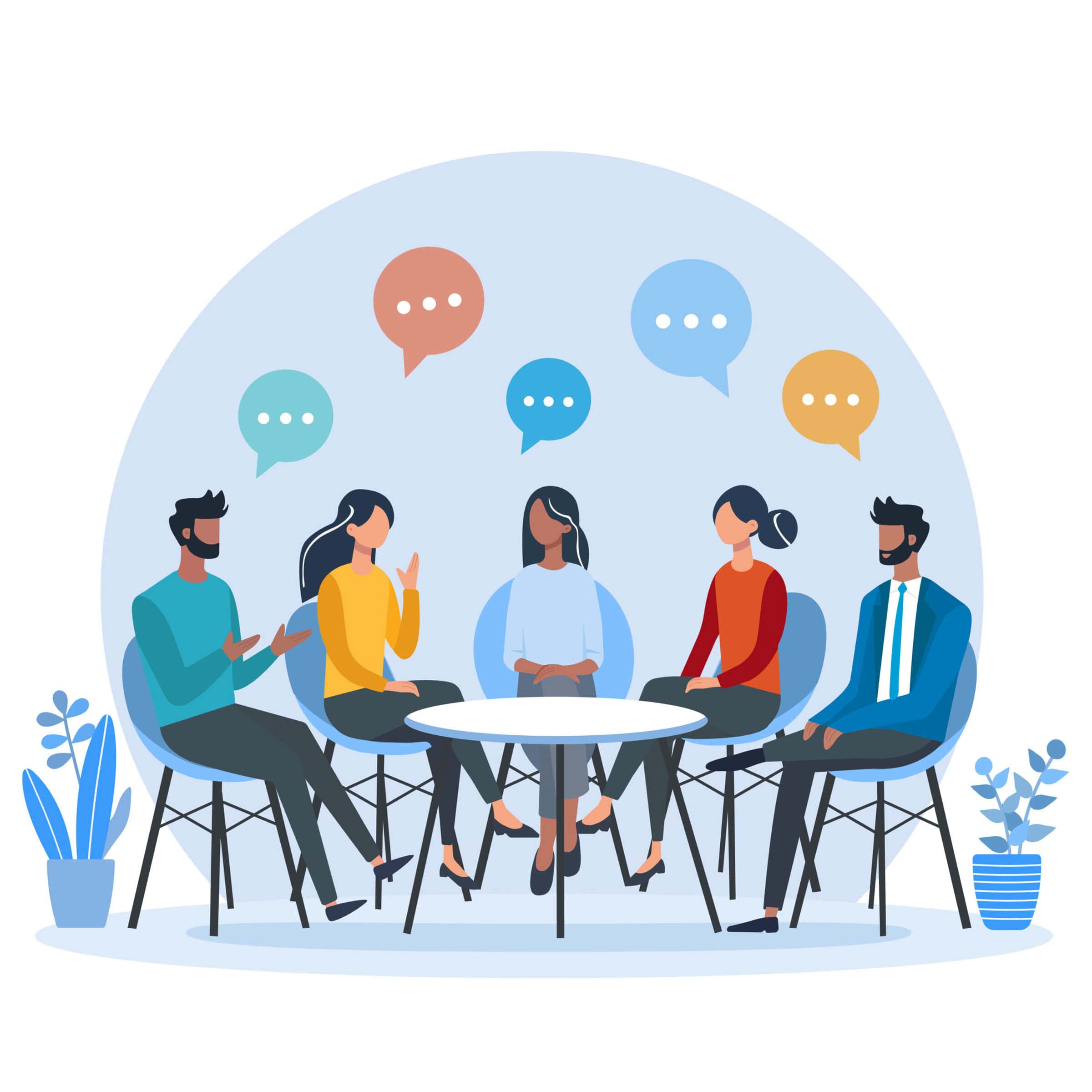 Flat vector illustration of diverse people sitting in a circle and having a discussion. Group meeting, brainstorming, or team collaboration concept with speech bubbles and modern interior
