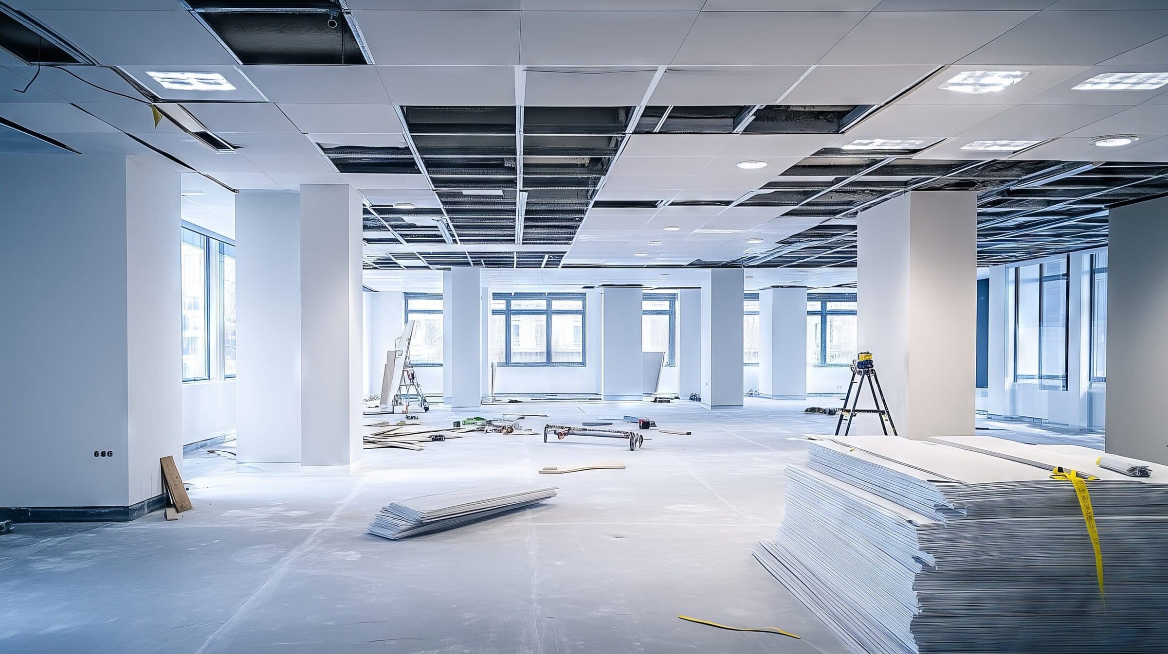 Construction site of a modern office with suspended ceiling grid and ceiling tiles being installed. Large windows allow for natural light