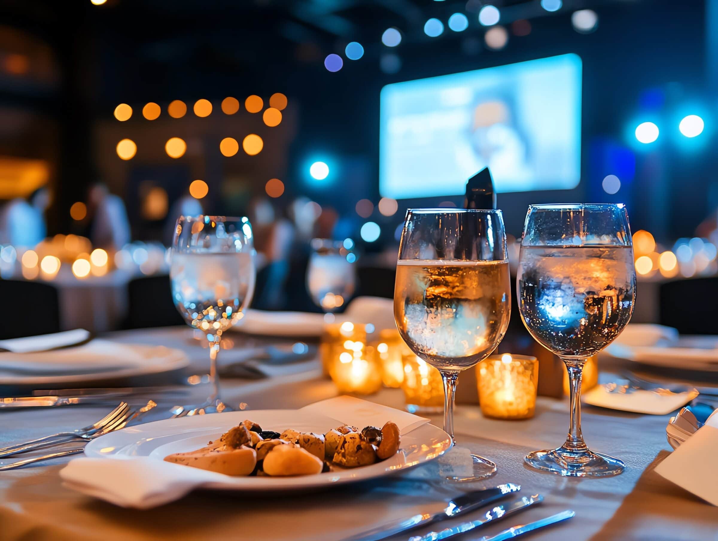 A corporate gala event with a formal dinner, stage, and award ceremony