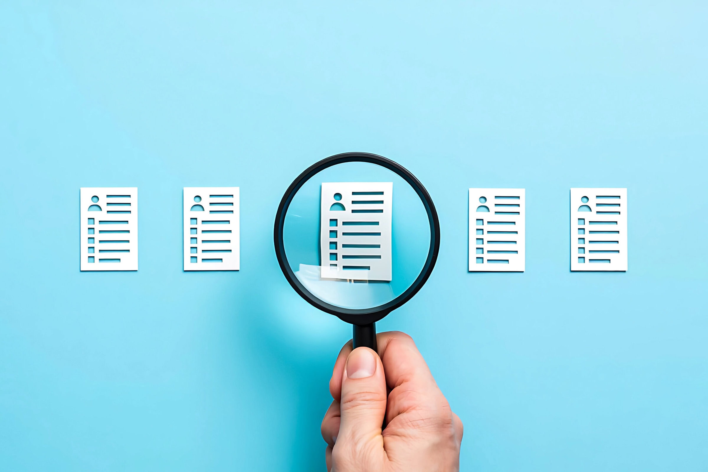 Hand holding magnifying glass over job applications on blue background human resources concept search for talent and qualified candidates