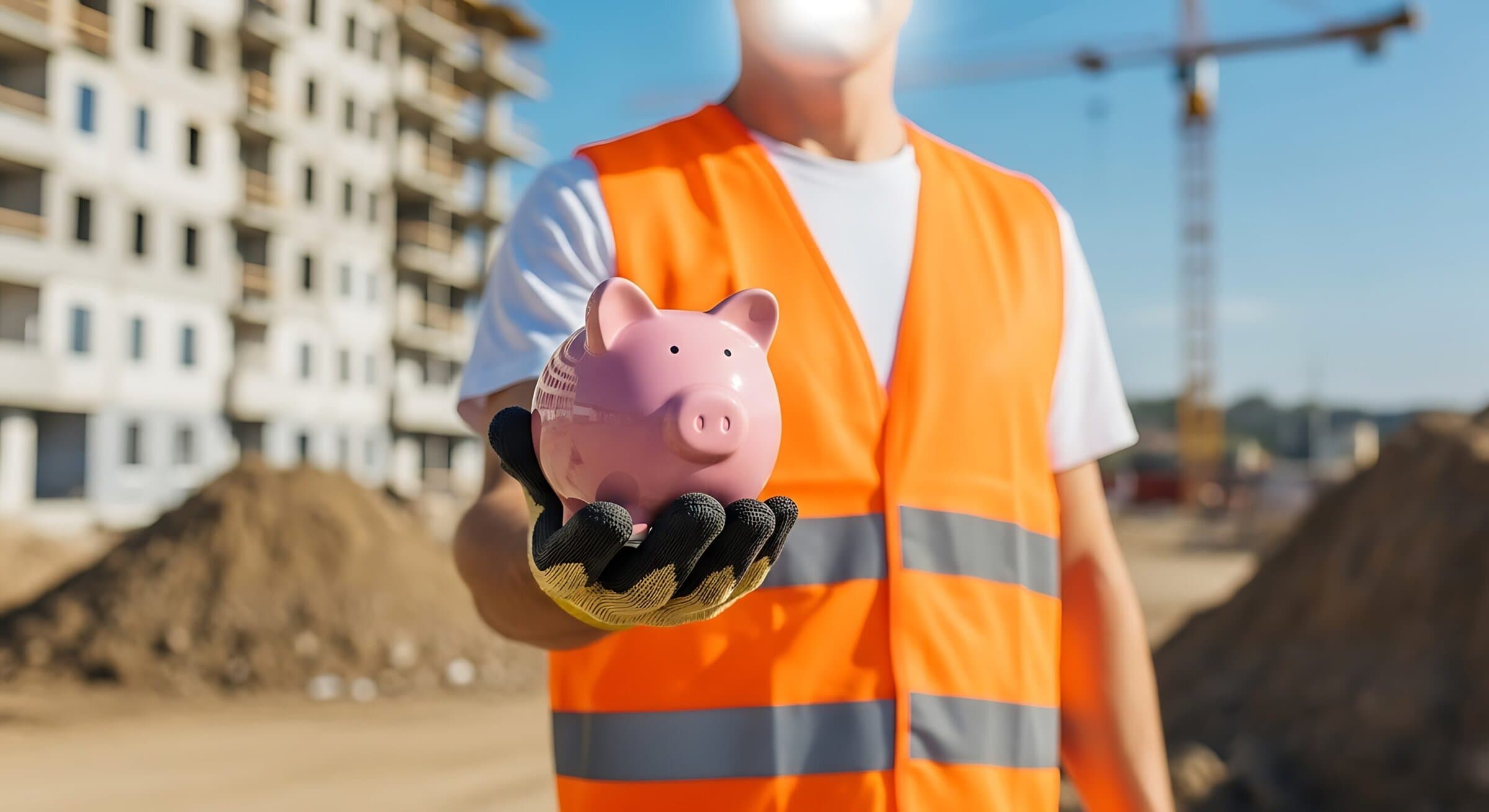 A construction worker in an orange vest holds a pink piggy bank in his gloved hand, symbolizing saving money on a building site with a crane and a building under construction in the background