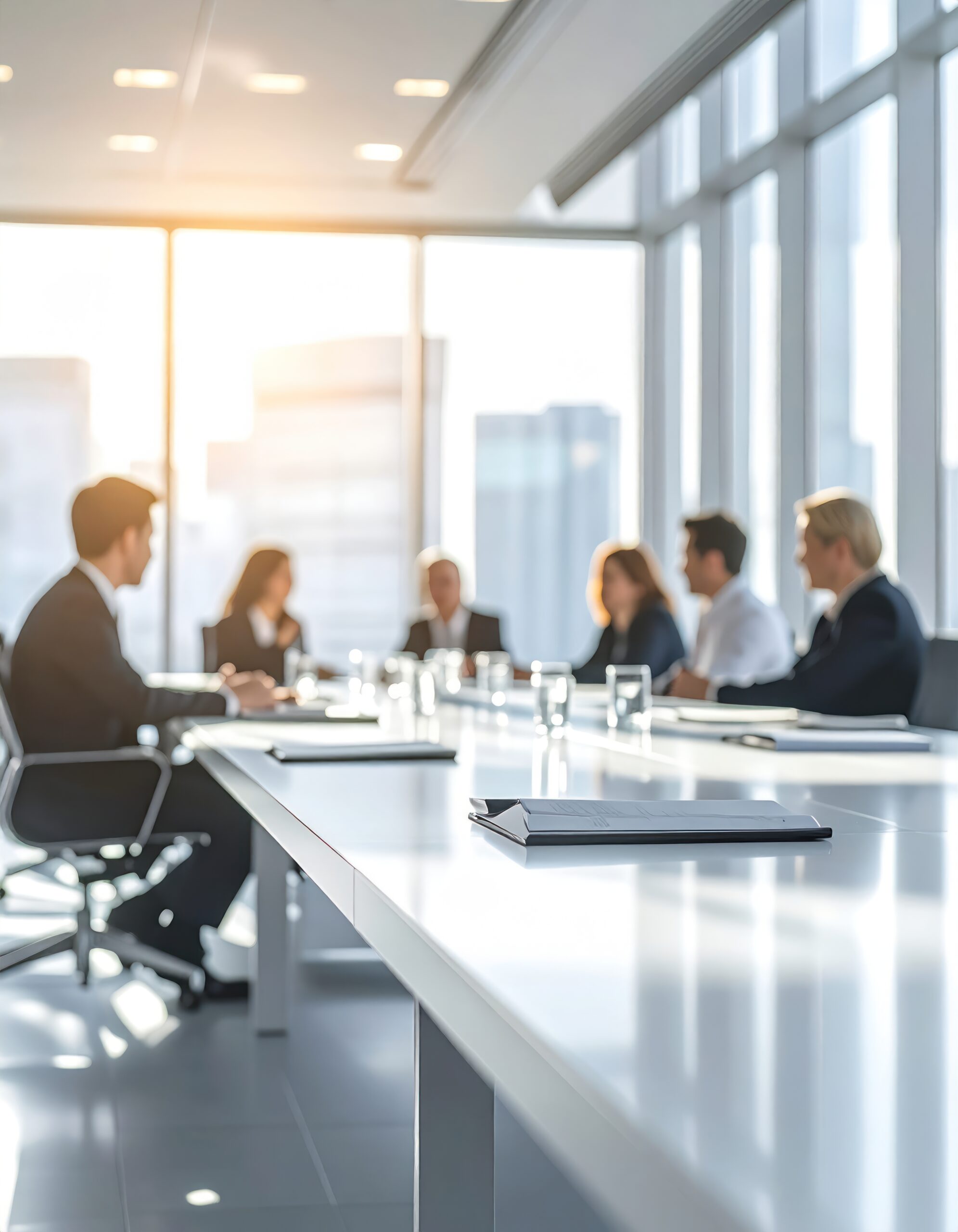 A business meeting in a modern conference room with cityscape view. Blurred figures around table bask in sunlight