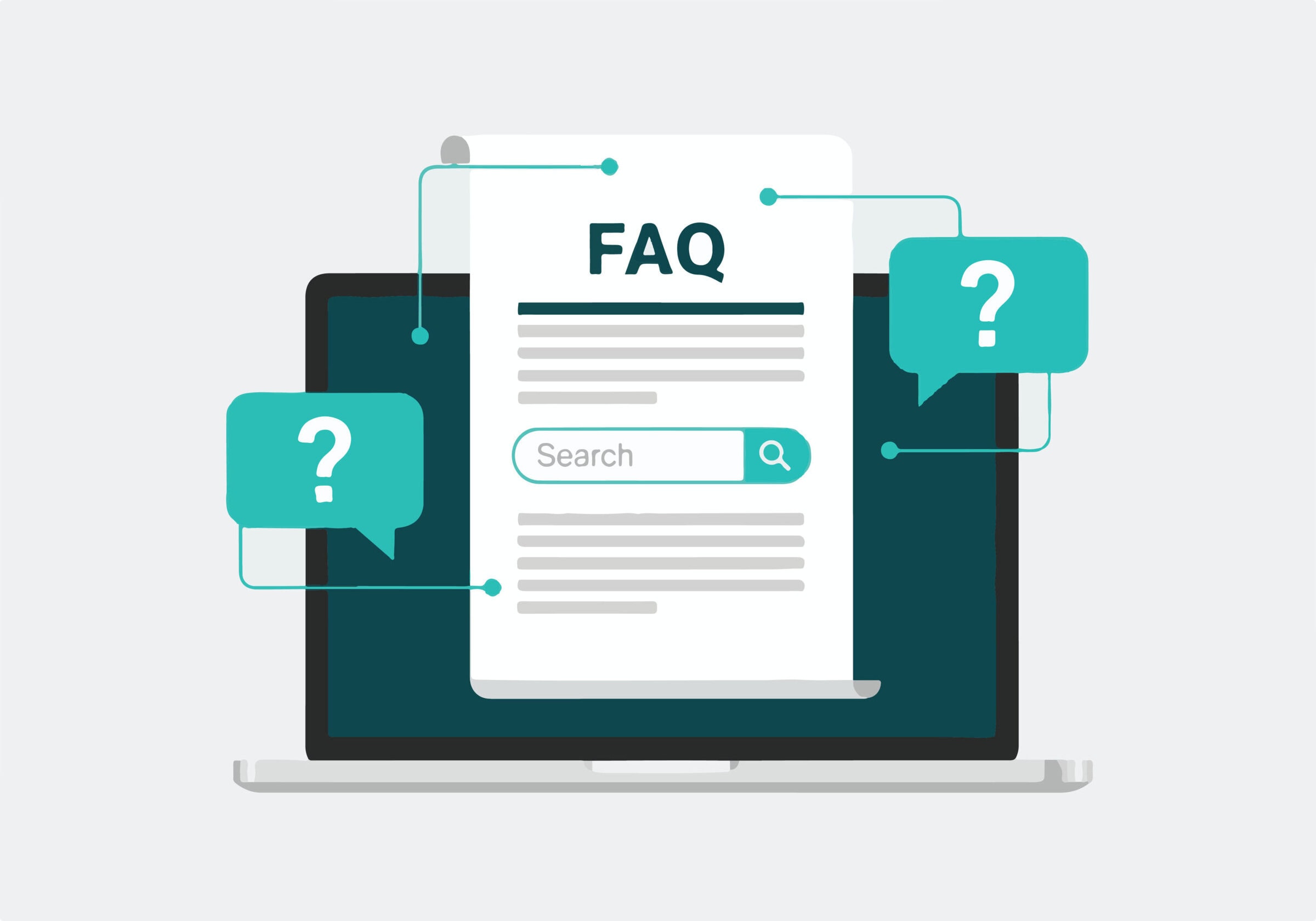 Frequently Asked Questions (FAQ) on laptop screen with search bar and question marks