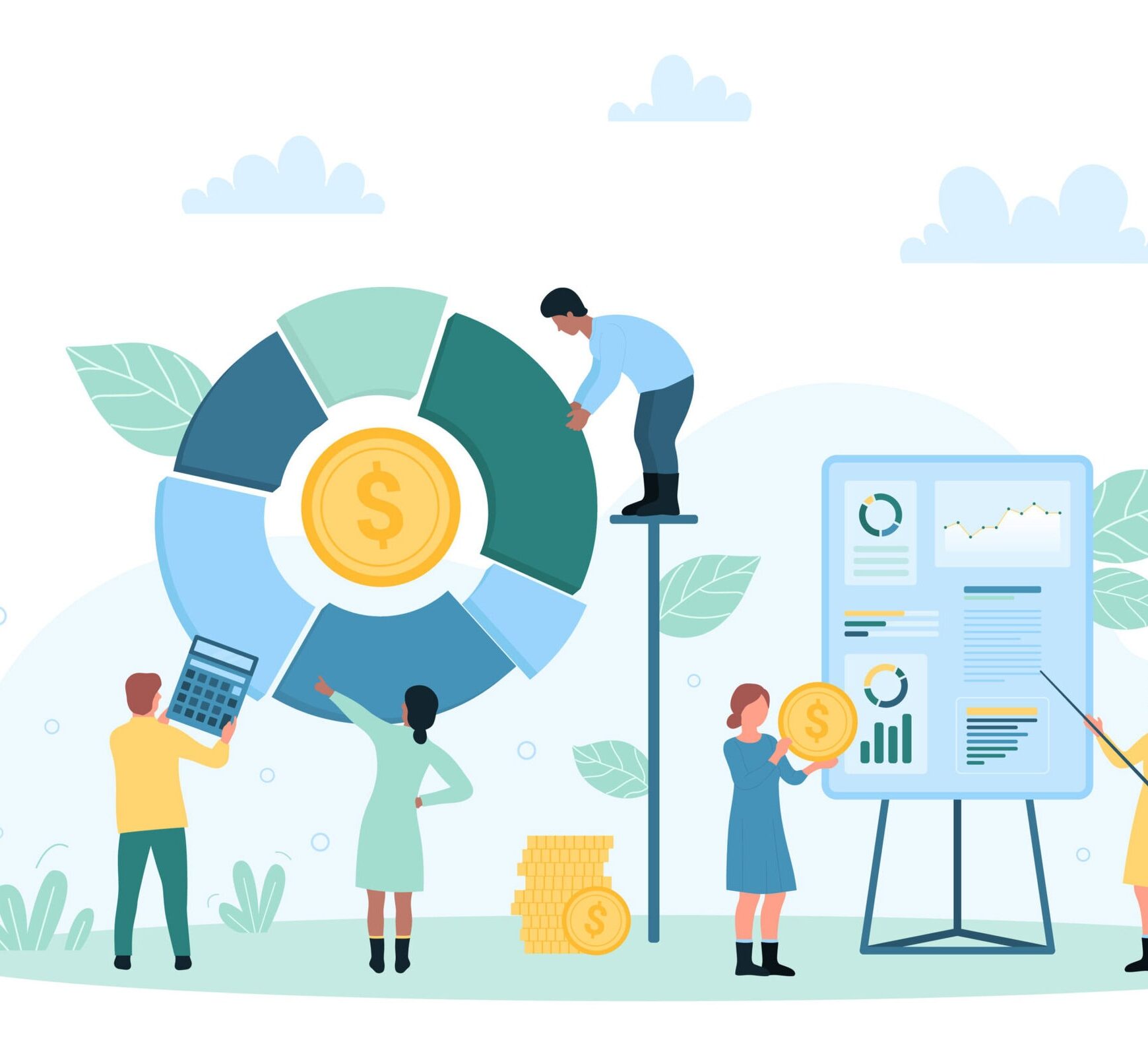 Business analytics, presentation of financial statistics vector illustration. Cartoon tiny people analyze pie chart and donut diagram on report board, analysts holding money coin and calculator