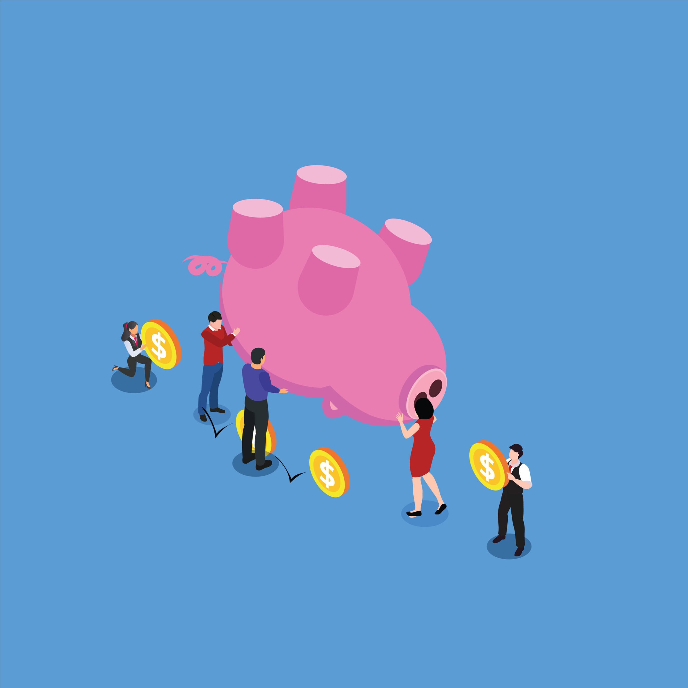 People taking money out from big piggy bank 3d isometric vector illustration concept for banner, website, landing page, ads, flyer template
