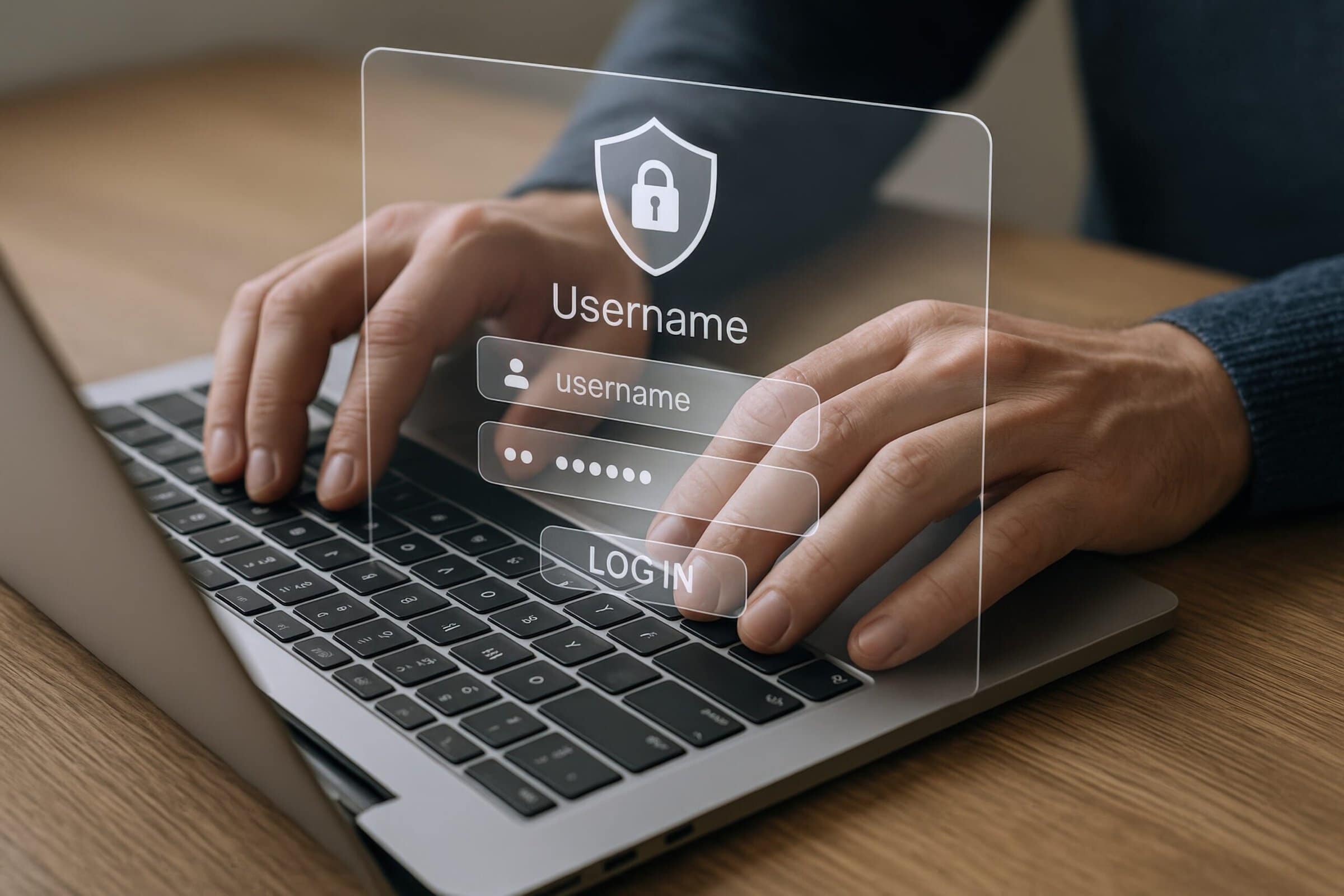 Data protection and security concept, man entering login details on a laptop, cybersecurity, online safety