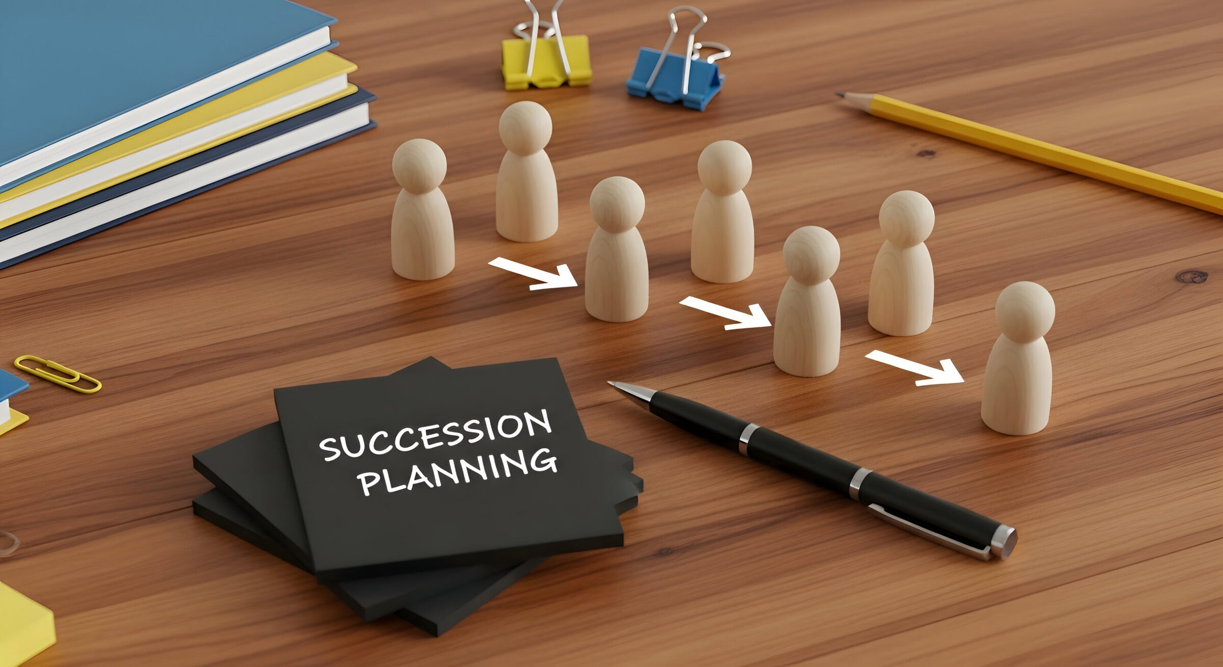 Succession planning concept with wooden figures on wooden desk business leadership and strategy planning office workspace with stationery and documents