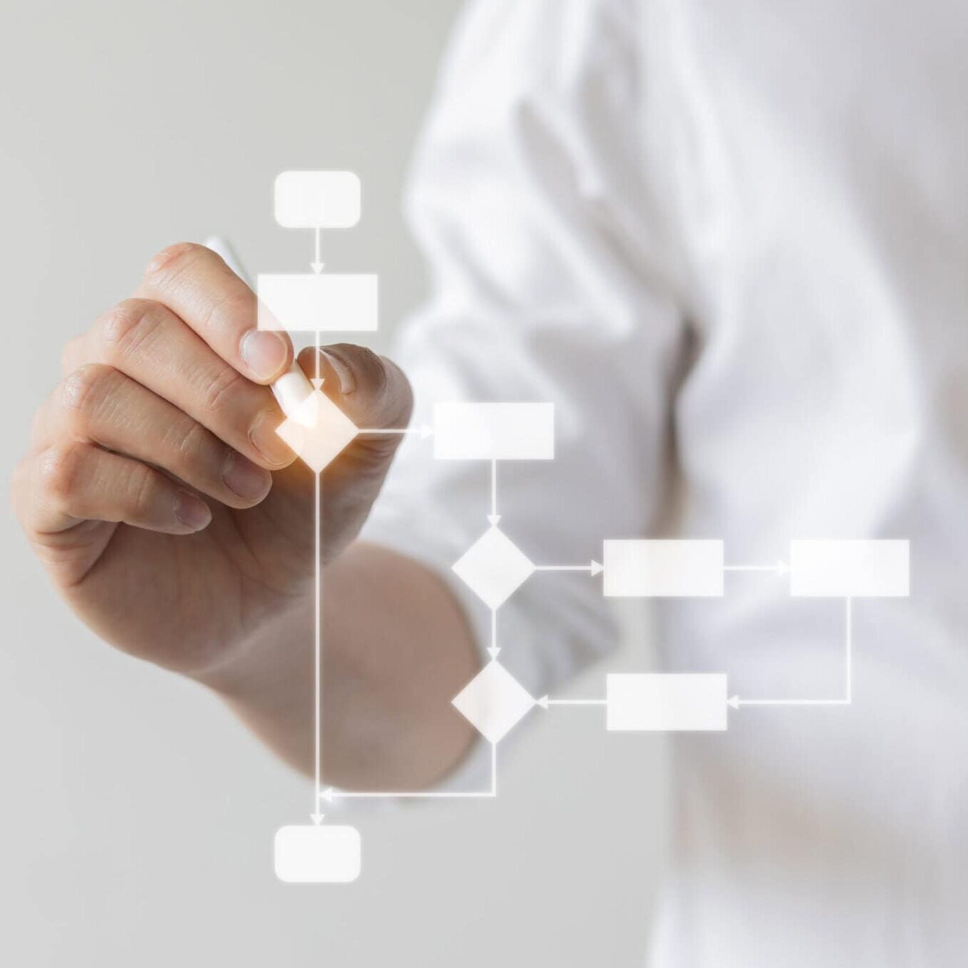 close up programmer engineer hand use stylus pen to write and plan about progress or procedure of strategy and resolve with virtual flowchart diagram for business plan and performance concept