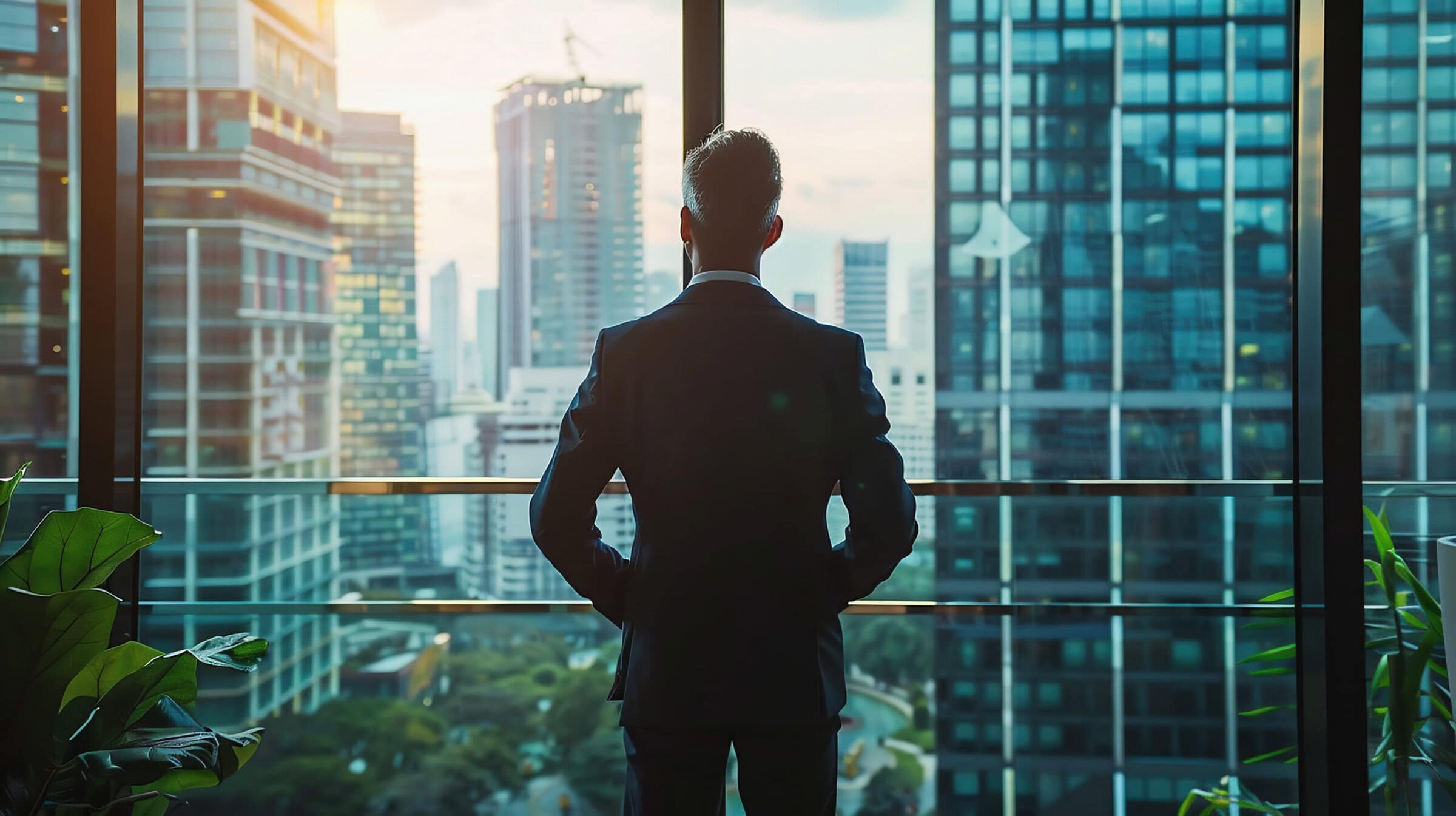 Young professional business man executive ceo manager, rich male investor wearing suit standing his back in big cozy office interior looking through skyscraper window thinking of future success